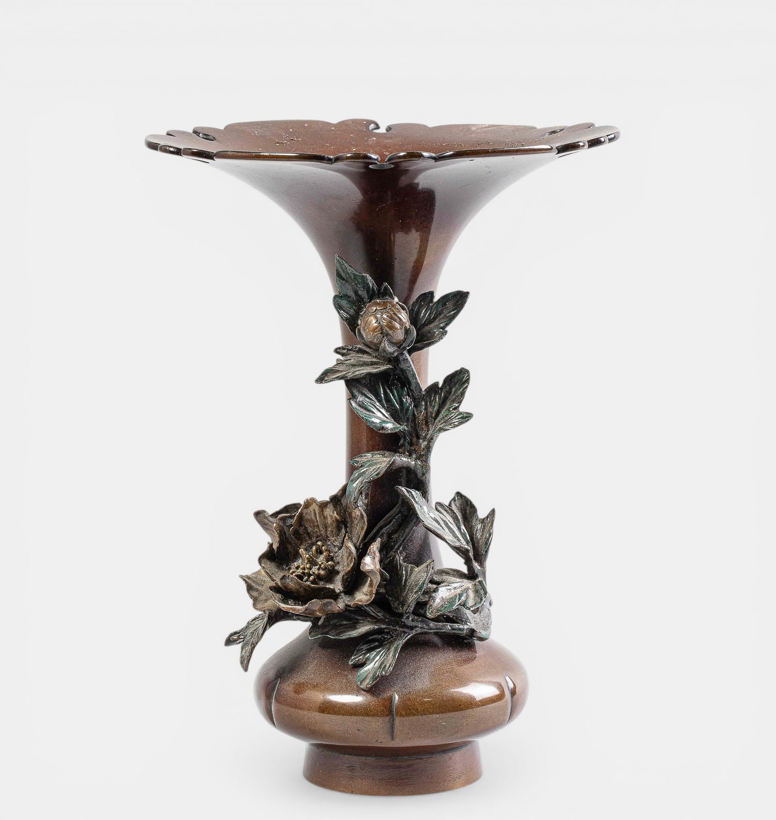 Wide-opening horn-shaped vase with a climbing peony branch (1 of 2)