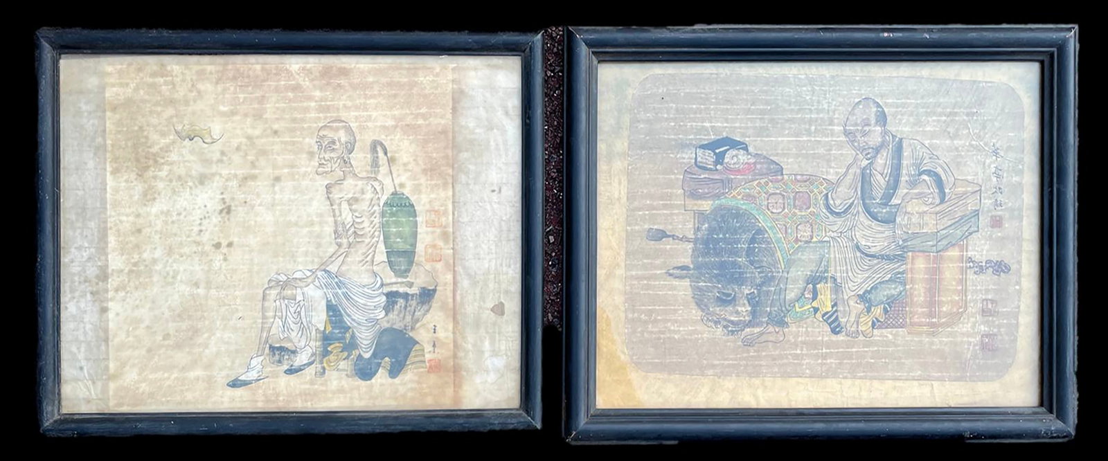 Pair of traditional Chinese ink and color paintings on paper featuring a literati and a buffalo (1 of 6)