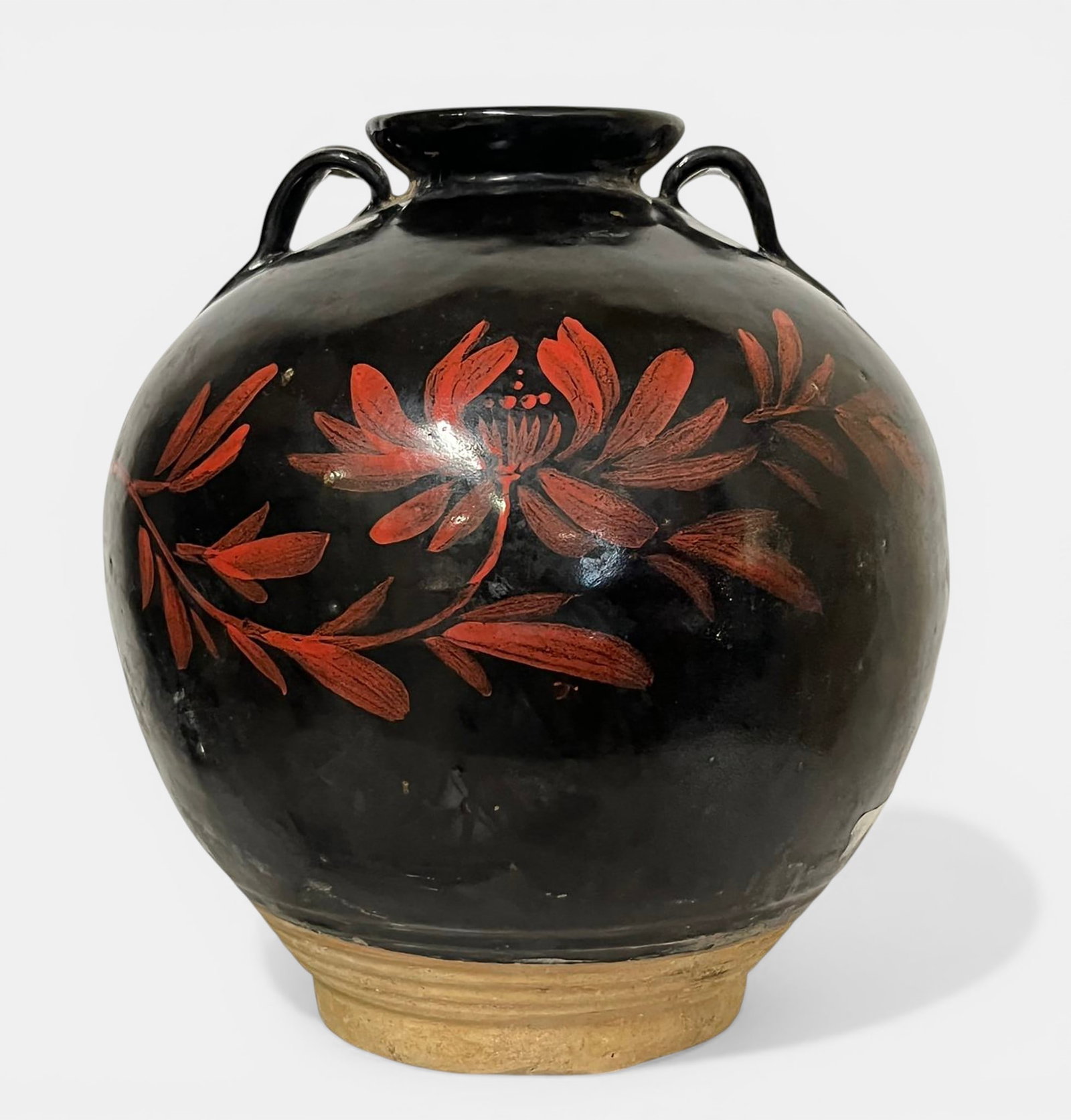Cizhou vase with a globular shape, two side handles, and stylized red flowers (1 of 4)