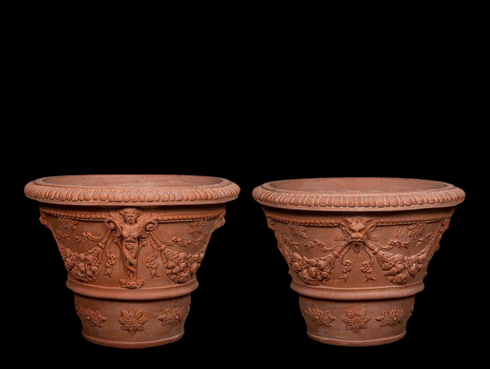 Pair of Ornato Cariatidi Impruneta terracotta vases, 21st century: Inner diameter (cm) 48 Outer diameter (cm) 58 Height (cm) 43 Base dimensions (cm) 28 Weight (kg) 24