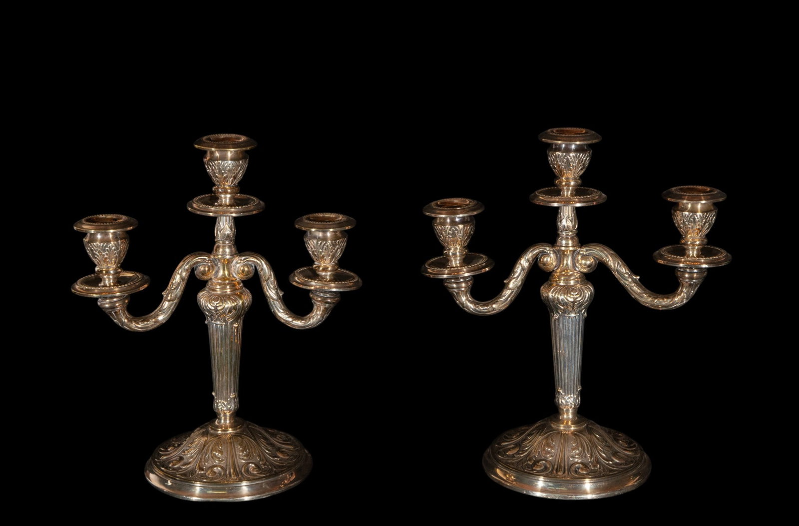 Pair of three-light candelabras in silver-plated bronze, European School, 20th Century (1 of 3)