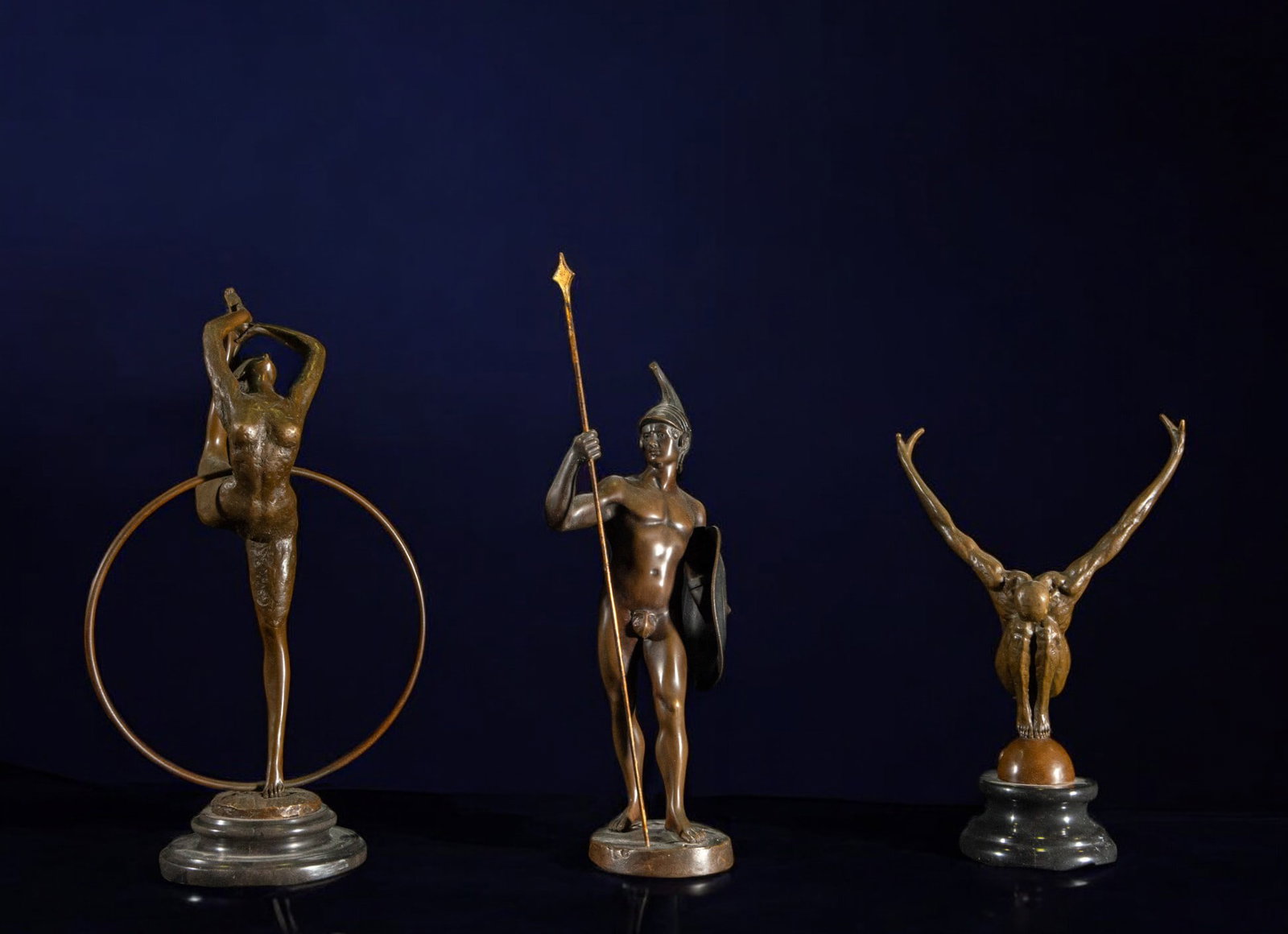 Lot of three 20th century bronze figures (dancer, Roman and male dancer) (1 of 7)
