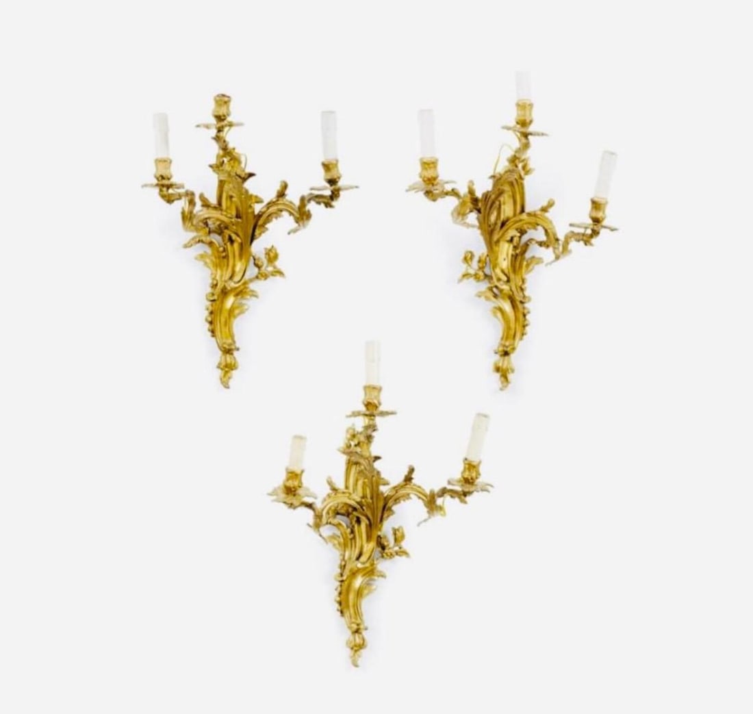 Exceptional Large set of 3 Rocaille Wall Gilt Bronze Louis XV french appliques, in mercury gilt (1 of 3)