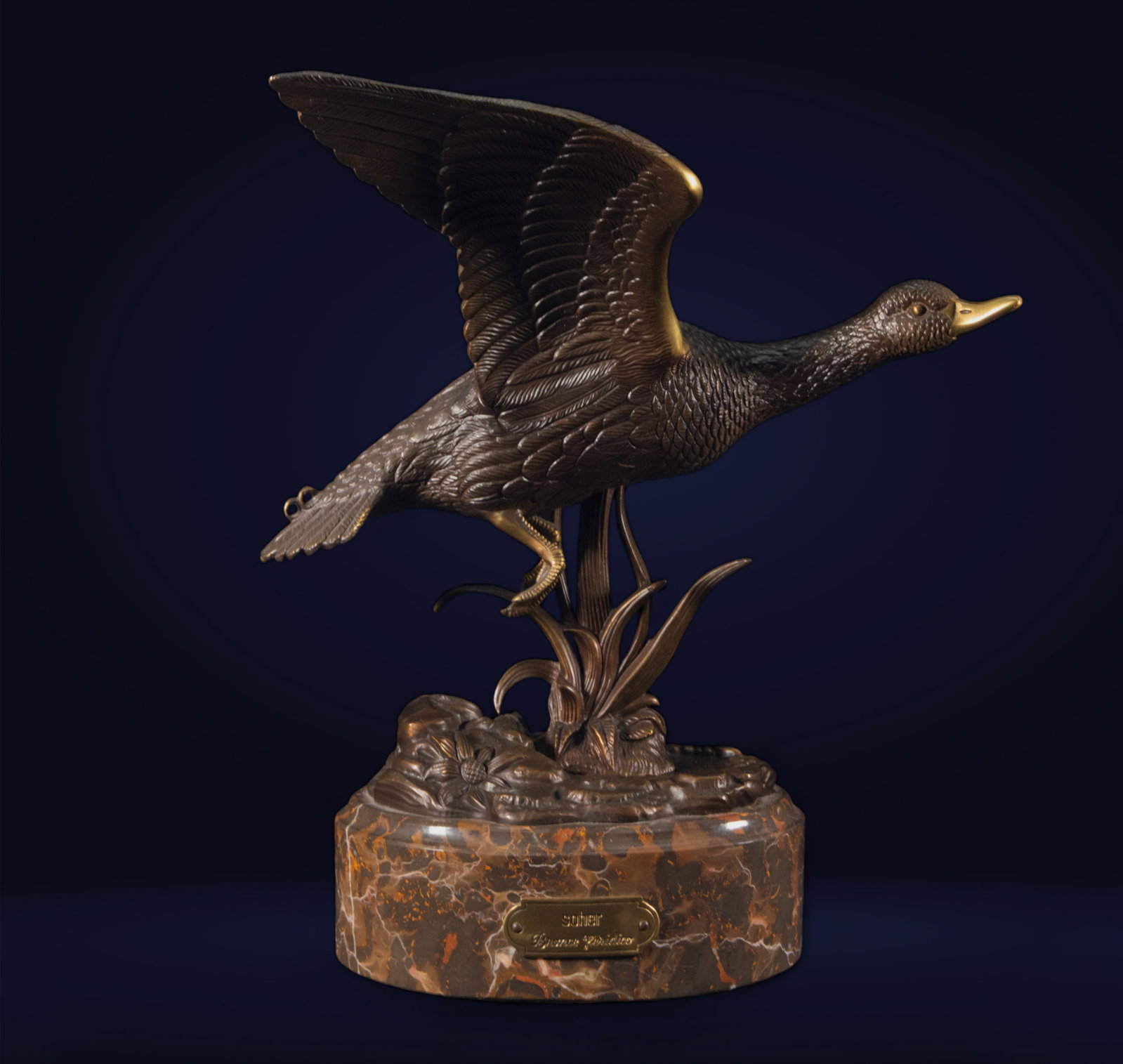 Bronze sculpture of a Duck with marble base, Italy, 1970s (1 of 5)