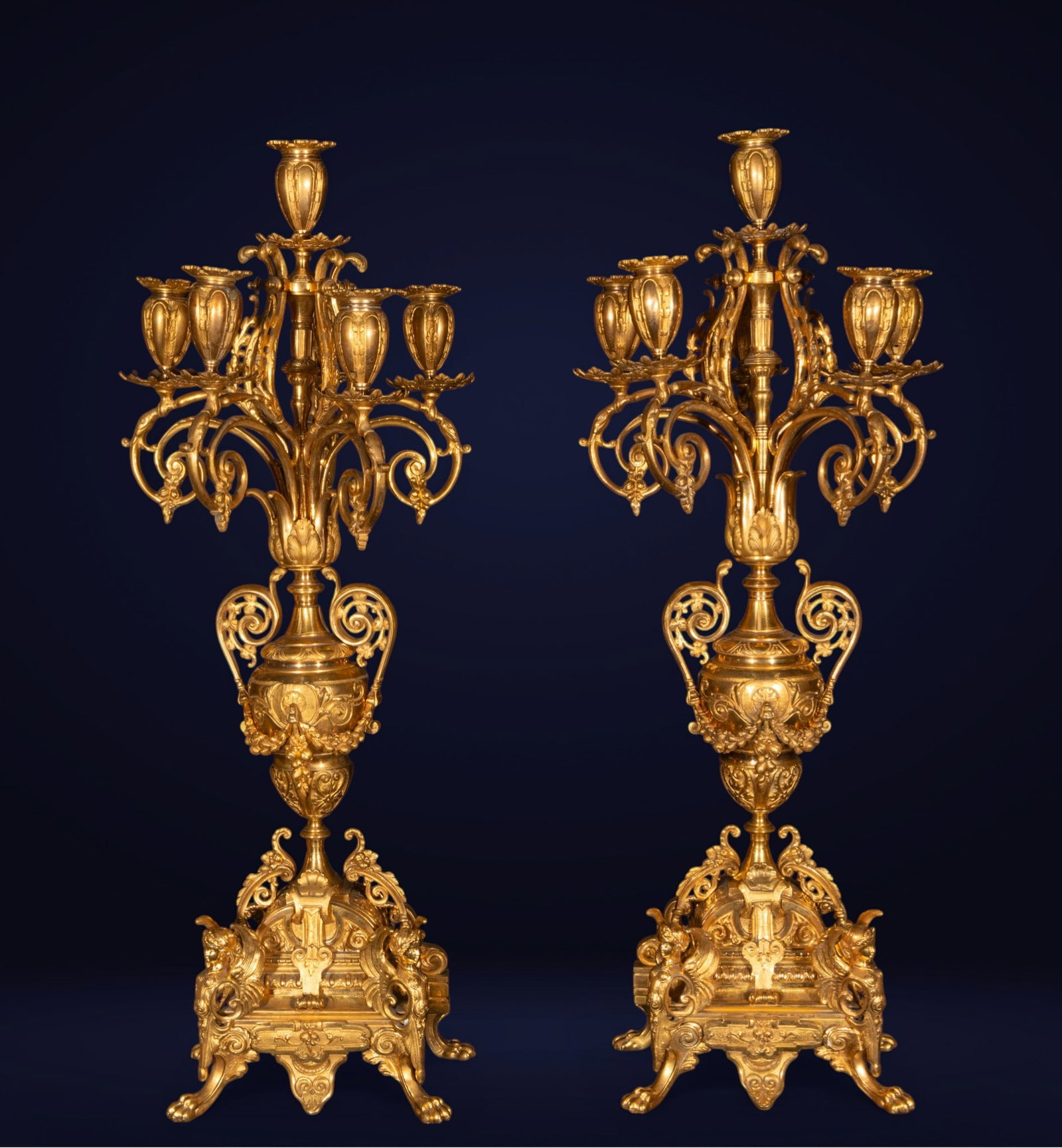 Magnificent Large Pair of French Restoration Gilt Bronze Candlesticks, 19th Century (1 of 3)
