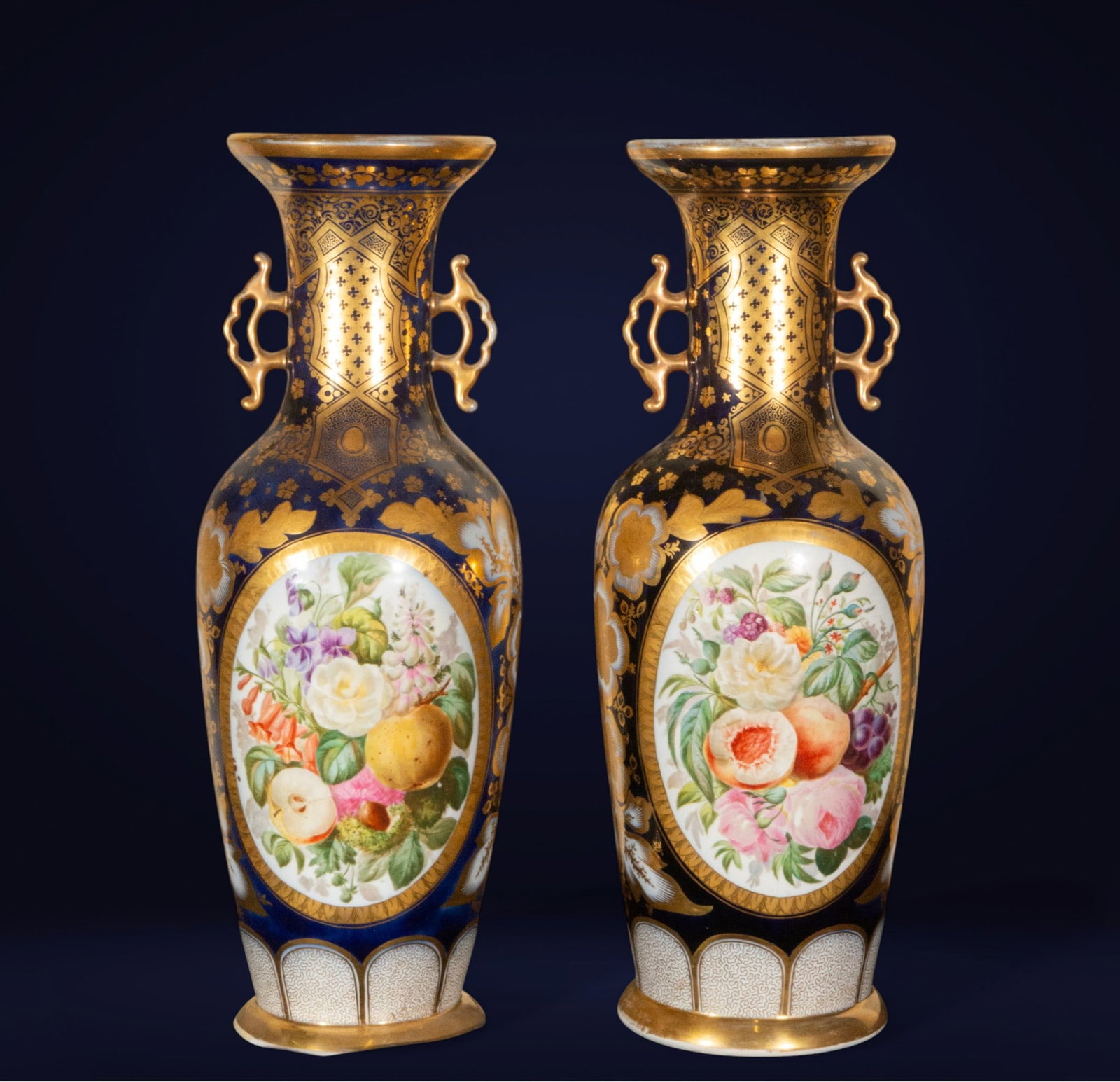 Pair of Sèvres style vases with floral cartouches, French school, 20th century. (1 of 1)