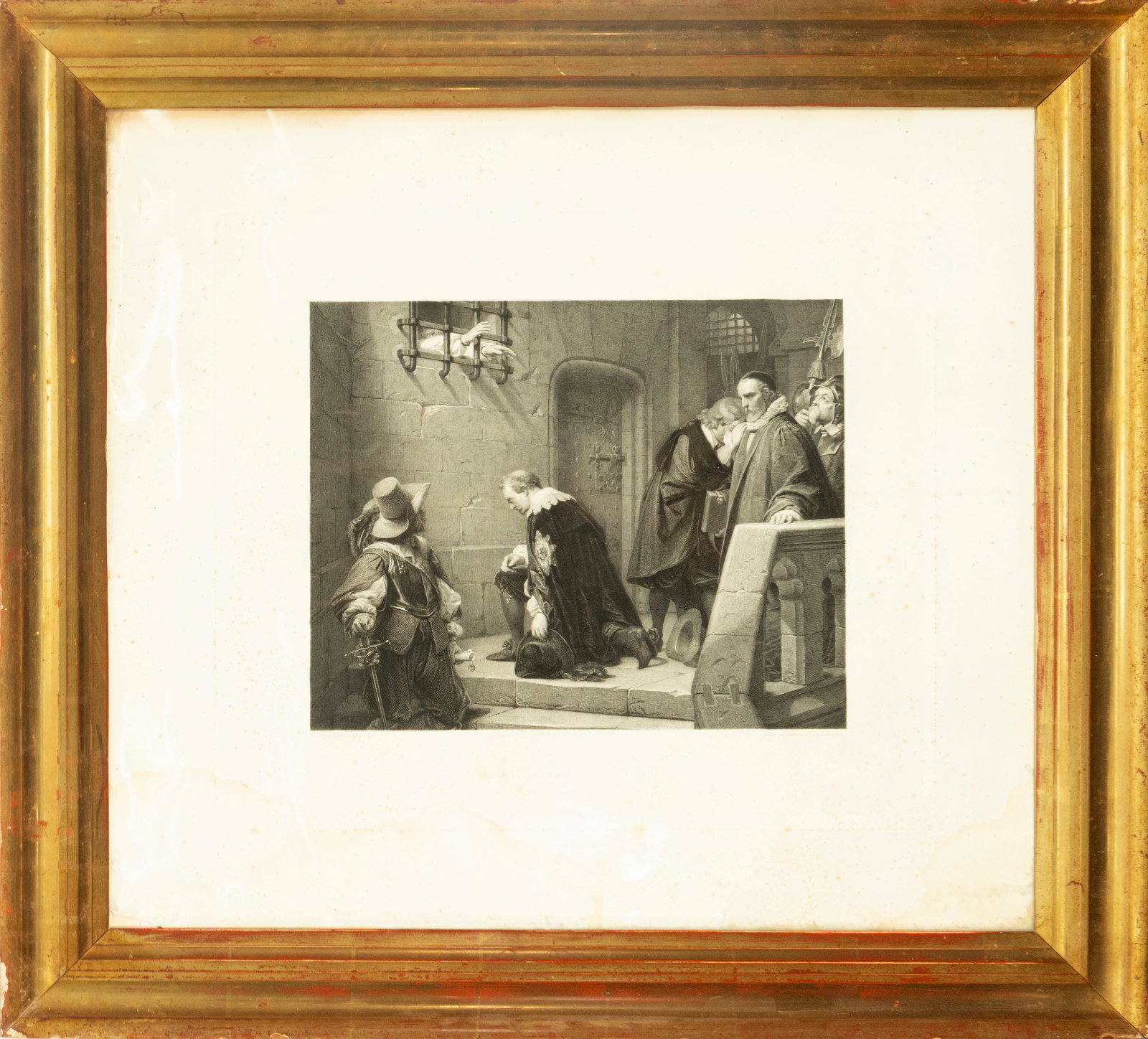 Engraving with period frame. French School. 18th-19th century.: Etching on paper. Measures 36 x 29 cm. A scene set in a prison, where several figures dressed in 18th-century fashion surround a kneeling central figure, illuminated with a delicate chiaroscuro that e