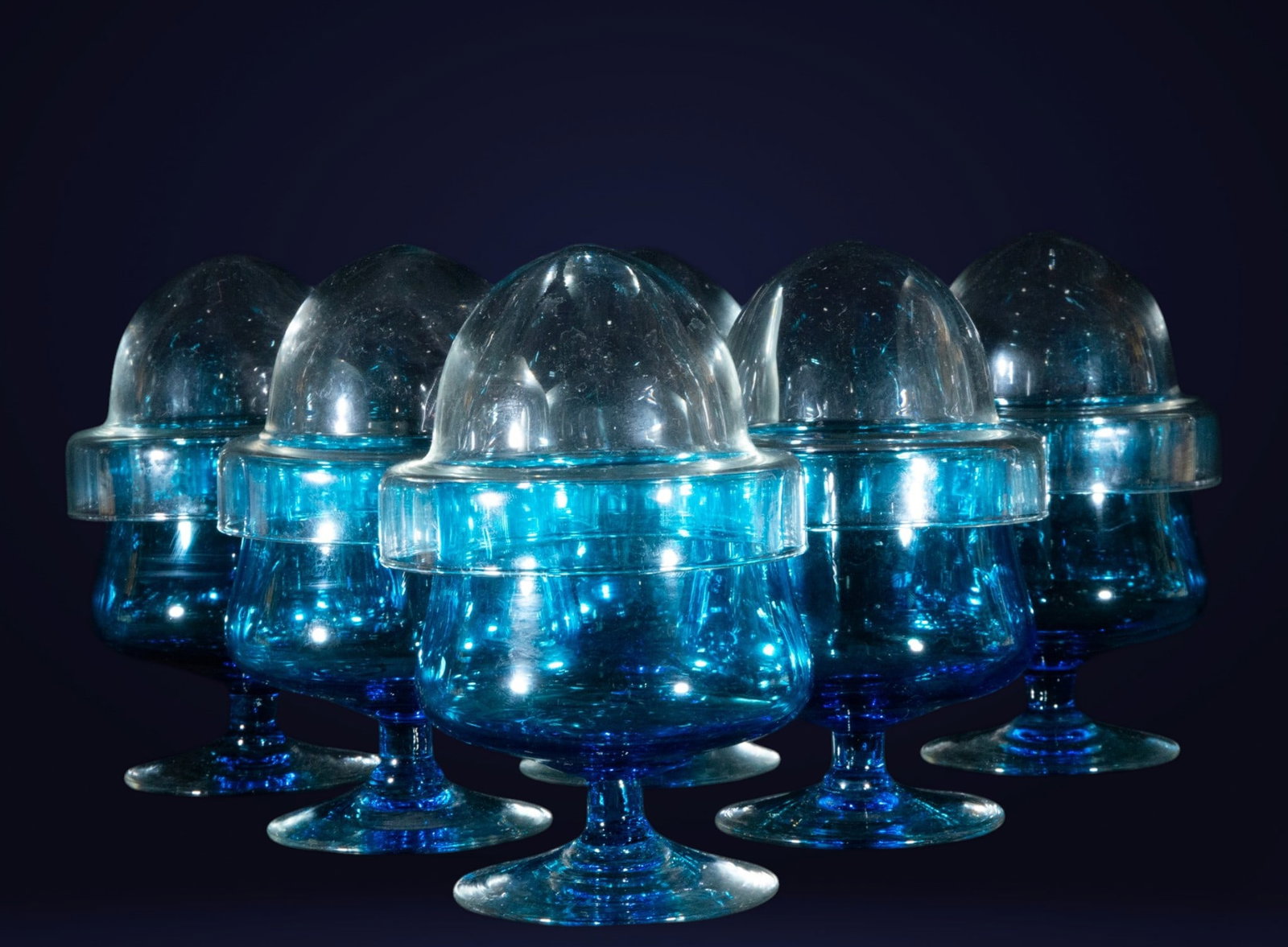 Collection of glasses with blue glass lids, French manufacture, 20th century (1 of 1)