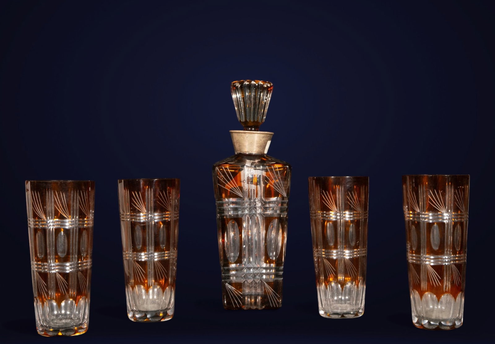Liquor decanter and 4 whiskey glasses in Bohemian crystal and silver (1 of 3)