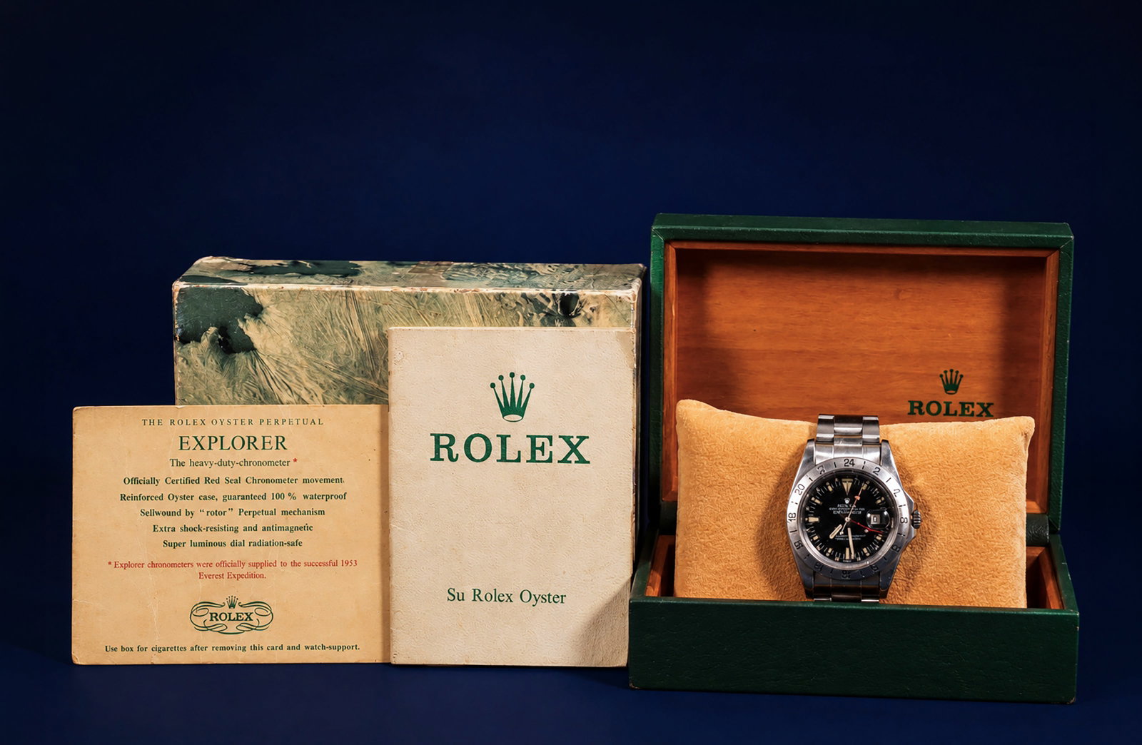 VERY RARE ROLEX EXPLORER II 1655 "FRECCIONE" "STEVE MCQUEEN" FULL SET YEAR 1980: REF. 1655 "FRECCIONE" / "STEVE MCQUEEN" YEAR 1980. In steel, accompanied by its original card, box, and warranty. Purchased in Bern, Switzerland, by the previous Spanish owner in 1980. Stainless steel