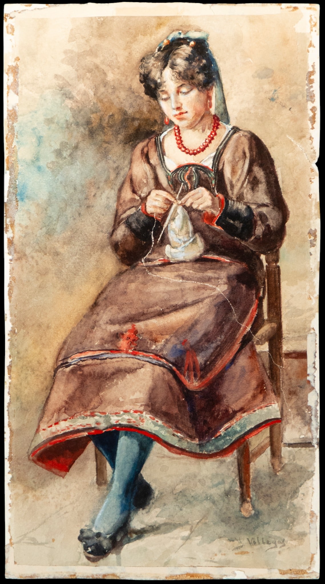 Young woman sewing. Signed Villegas. Spanish School. 19th century: Watercolor on cardboard. Measures 37 cm. Genre portrait featuring a young woman seated while sewing, captured in an intimate and silent pose that conveys domestic serenity. The figure is elegantly dre