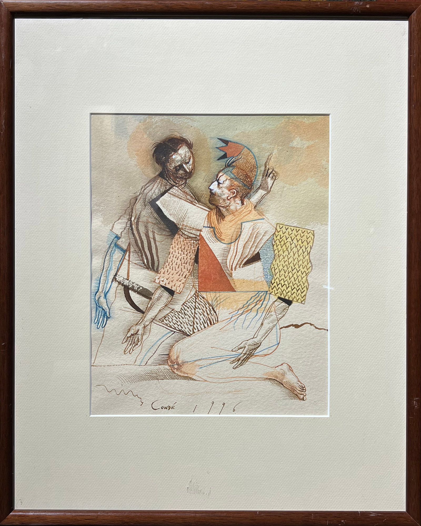 Miguel Condé (Pittsburgh, USA, 1939) - "Harlequins": Watercolor on paper. Signed. Dimensions: 30 x 24 cm, framed: 53 x 43 cm. Miguel Condé (Pittsburgh, 1939) is a figurative artist specializing in painting, drawing, and printmaking. Of Mexican descent,