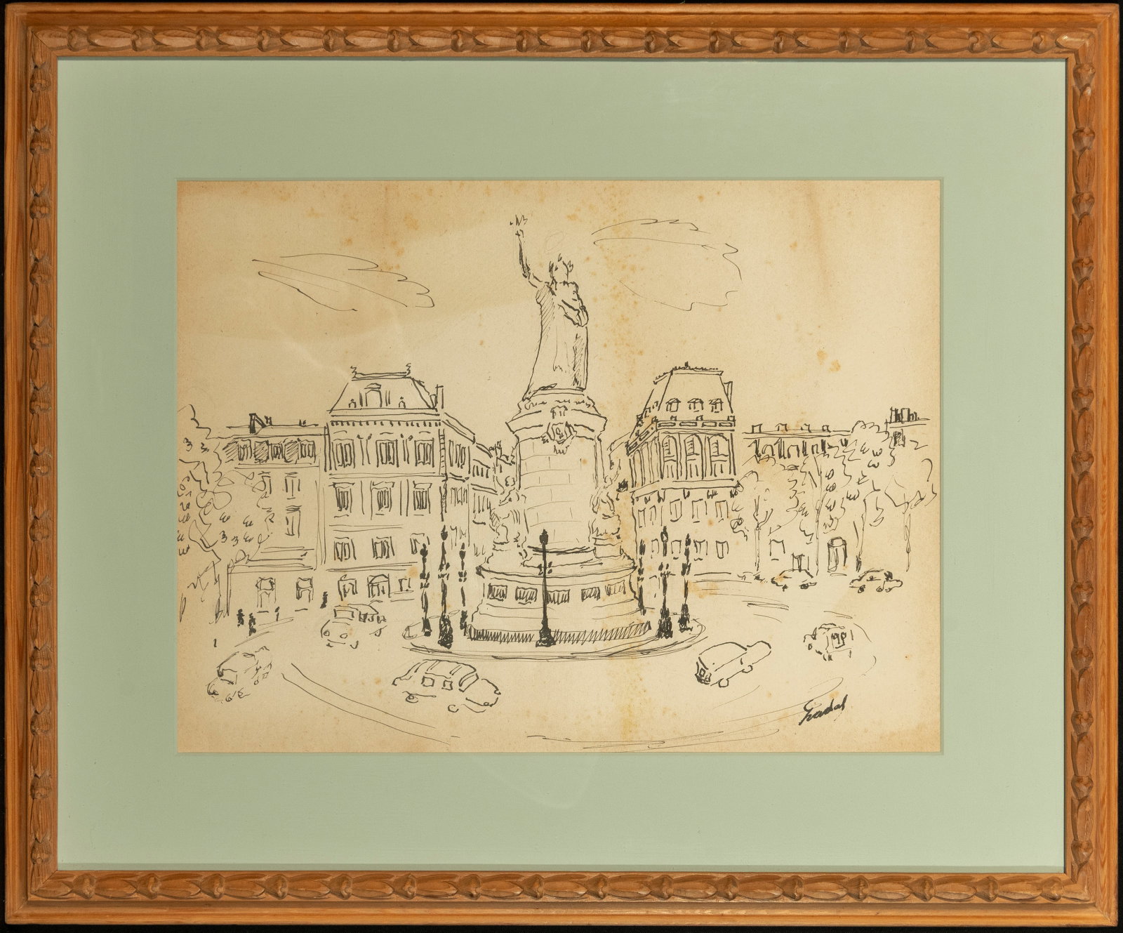 Republic Square - Carlos Nadal (Paris 1917 – Sitges 1998), Catalan Fauvist school of the 20th: Ink on paper, measuring 24 x 38 cm. Framed dimensions: 46 x 58 cm. Provenance: important private collection, Sitges.