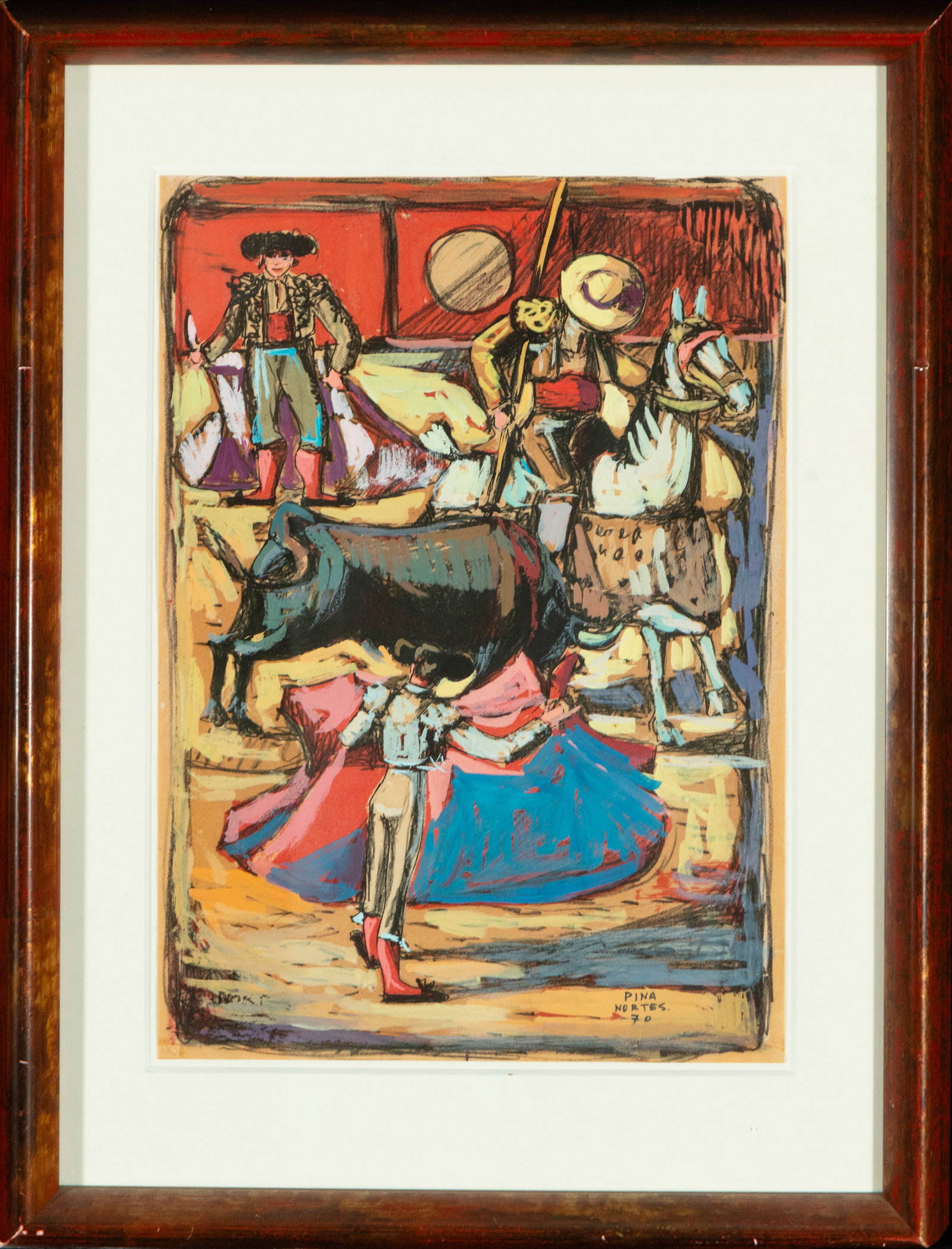 Bullfighting scene, signed Pina Nortes. Valencian School. 20th century.: Gouache on paper. 41 x 28 cm. Dynamic bullfighting scene with bullfighters, picadors, and a bull. Expressionist style with bold contours and a vibrant palette. A costumbrista work from the 20th-centur