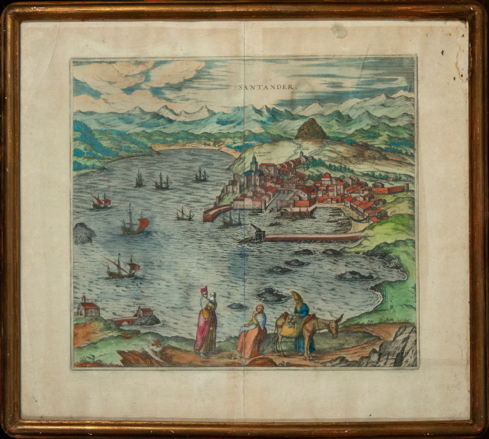 Following the models of GEORG BRAUN (1541-1622) - Santander: Painted print. Dimensions: 40 x 35 cm.