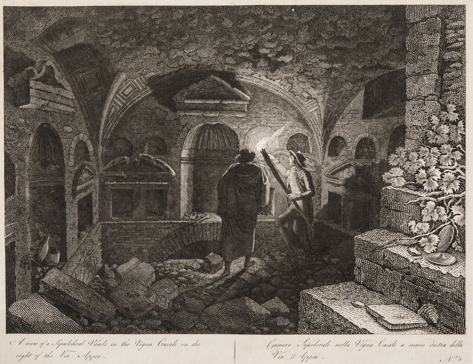 Italian School 18th Century - Camera Sepolcrale in the Vigna Casali hand from the Via Appia (c.1800): Etching on paper. Dimensions: 445 x 575 mm. The paper has stains typical of the passage of time. Contemporary artist with the great engraver Giovanni Battista Piranesi. 