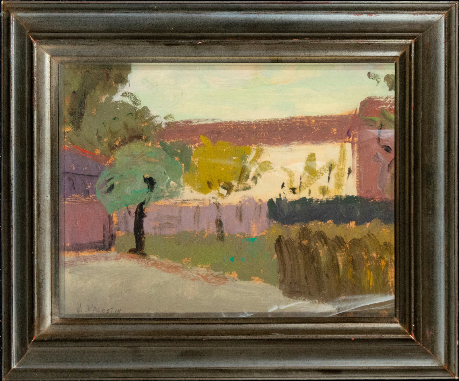 Signed d'Agostin - Spanish School, 20th Century: Oil on panel. Dimensions: 30 x 40 cm. A port view with a luminous atmosphere, articulated by small boats resting on calm waters, reflecting hamlets and riverside buildings in a serene and balanced com