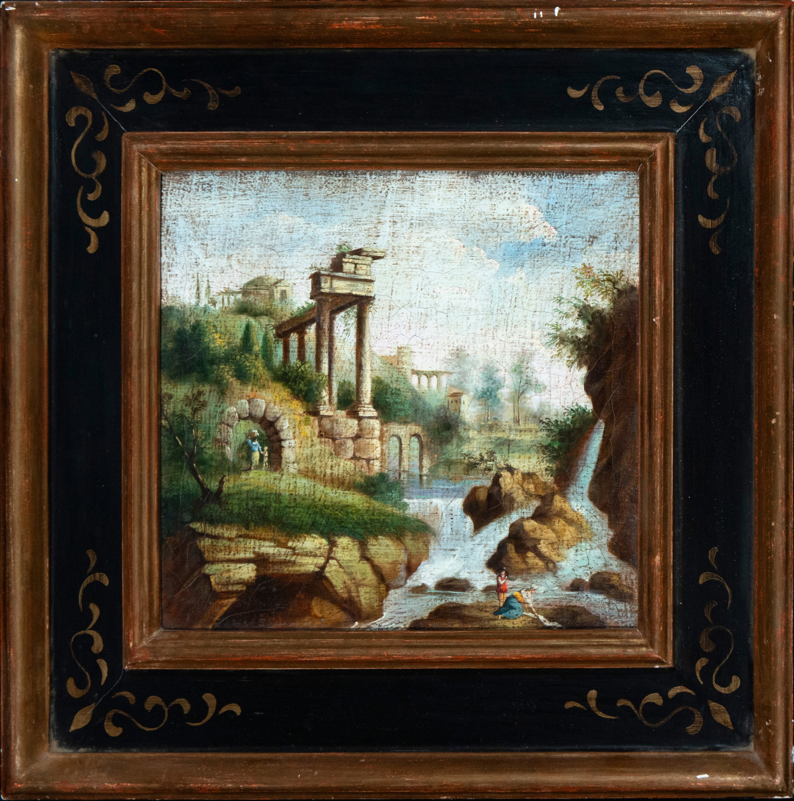 Landscape with whimsy and stream, Italian School, 19th Century: Oil on panel. Dimensions: 27 x 31 cm. A delicate, idealized landscape in which classical architectural ruins, bridges, vegetation, and a waterfall are integrated into a scene of romantic evocation. Sm