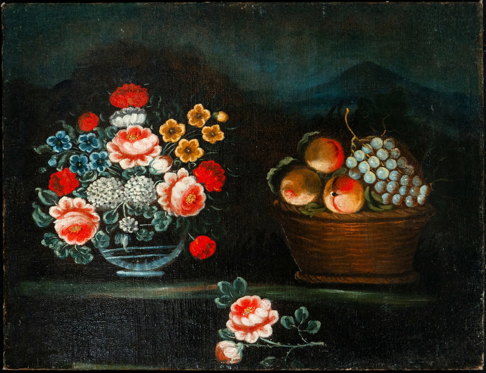 Still life with flowers and fruit, Italian School - 18th Century: Oil on canvas. Measurements 56 x 72 cm.
