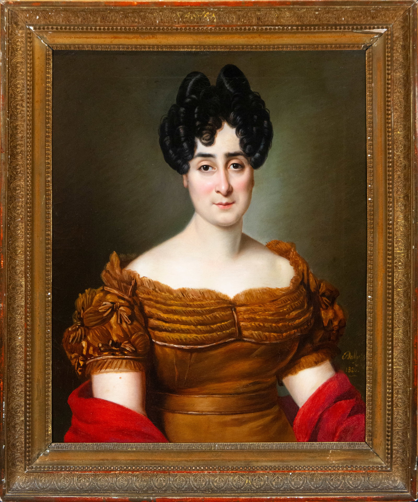Portrait of a Young Lady, Signed Bally, French Romantic School, 19th Century: Oil on canvas. Dimensions 65 x 54 cm. An elegant half-length portrait of a woman against a neutral background, notable for the serenity of her gaze and the refined presence she exudes. She wears an el