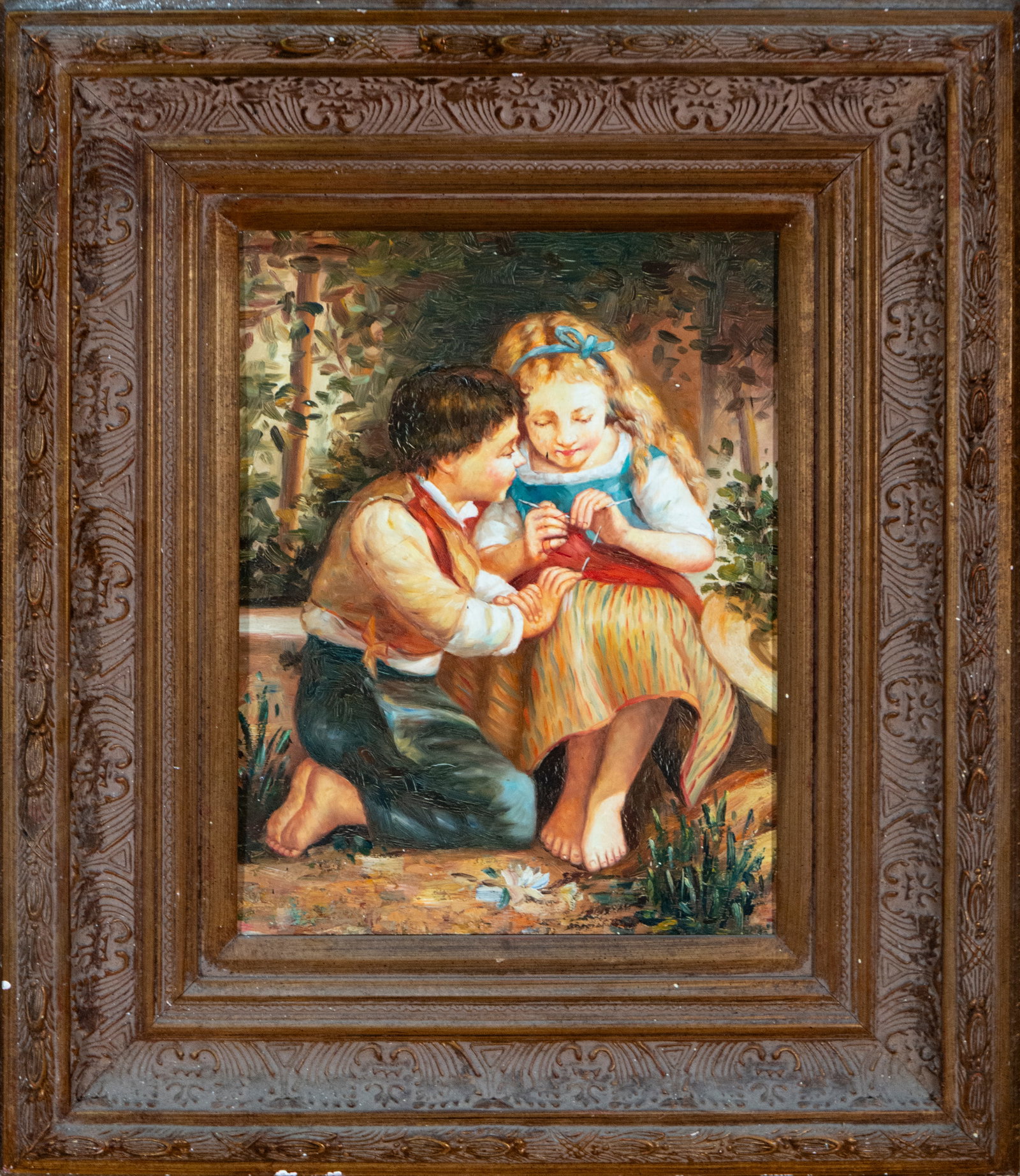 Children playing. Painting from the 19th - 21st Century: Oil on panel. Dimensions 40 x 30 cm; frame 65 x 55 cm. A children's scene depicting two children sharing a moment of play in a garden setting. The composition conveys intimacy and tenderness through a
