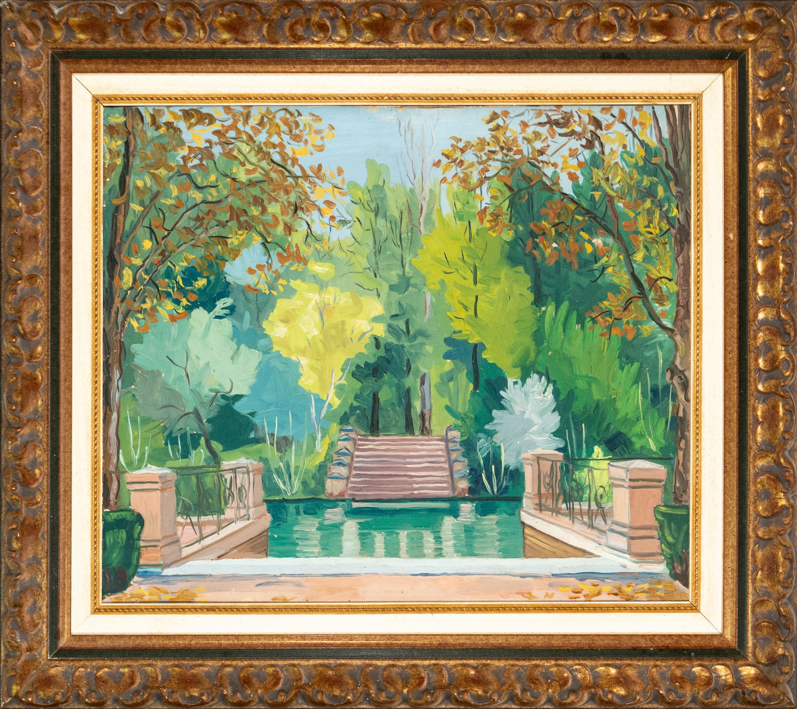 Garden landscape. Painting, 19th-21st century.: Oil on canvas. Dimensions 65 x 54 cm; frame 86 x 76 cm. Garden view with pond, bridges, and steps surrounded by abundant vegetation. The work employs luminous colors and loose brushstrokes to create a