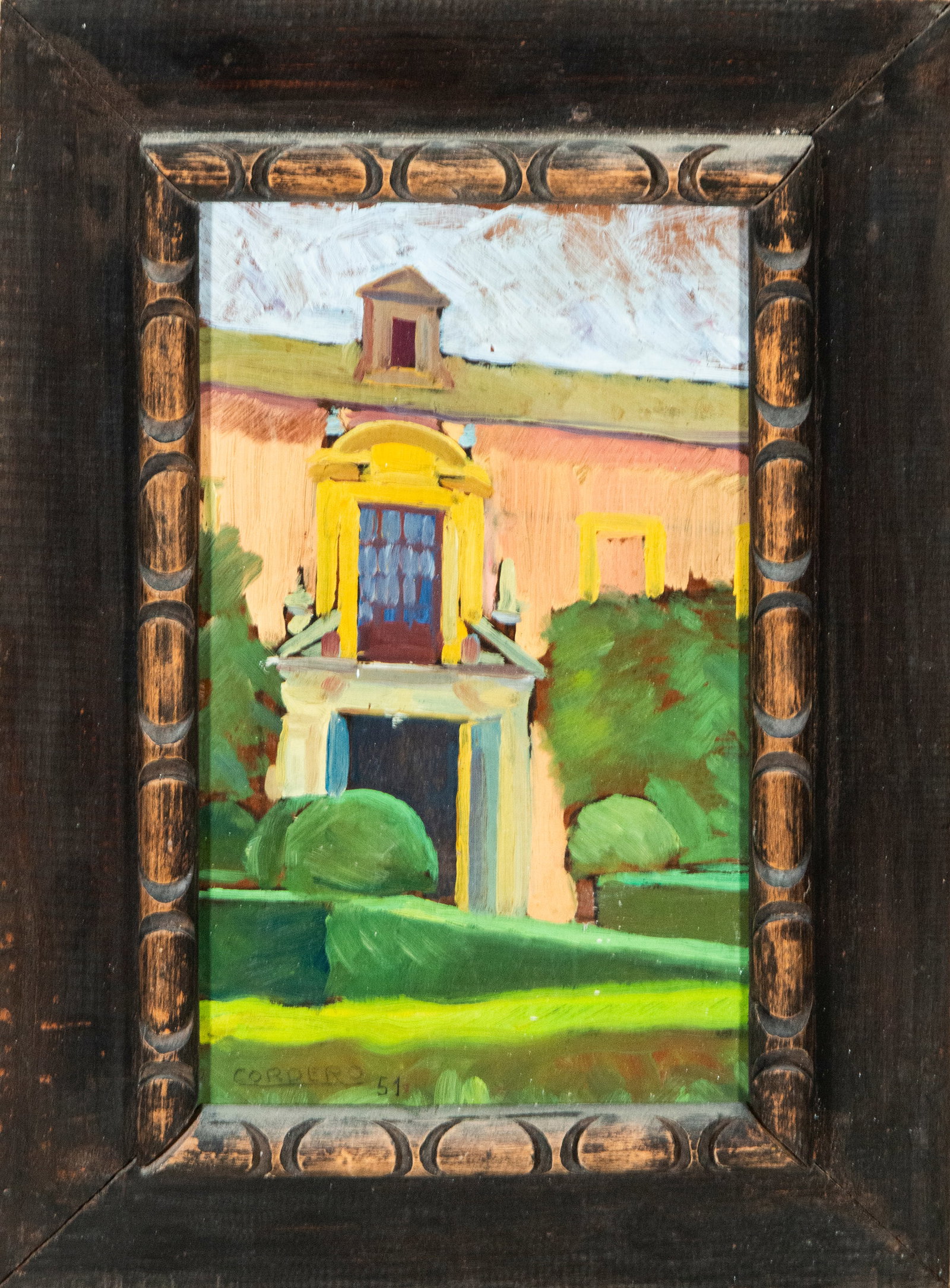 Facade of a small palace. Signed. Painting, 19th-21st century: Oil on panel. Dimensions 34 x 20 cm; frame 48 x 84 cm. Small architectural view focused on the façade of a stately building surrounded by vegetation. The minimalist brushstrokes and vibrant colors le