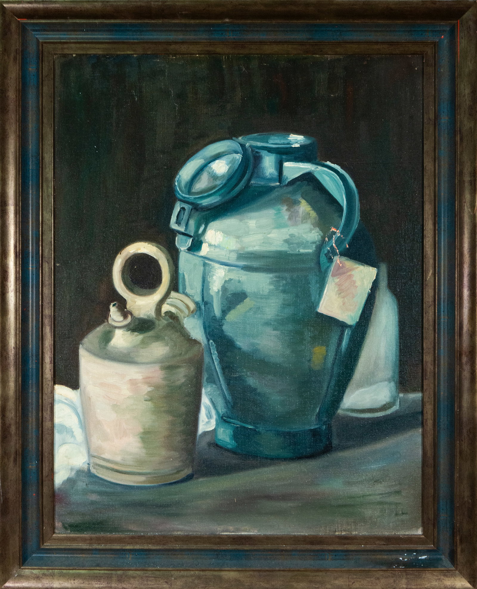 Still life with water jug ??and pitcher. Painting, 19th-21st century: Oil on canvas. Dimensions 64 x 50 cm; frame 77 x 62 cm. Still life composed of a metal water jug ??and a pitcher placed on a table against a dark background. The work emphasizes the reflections and vo