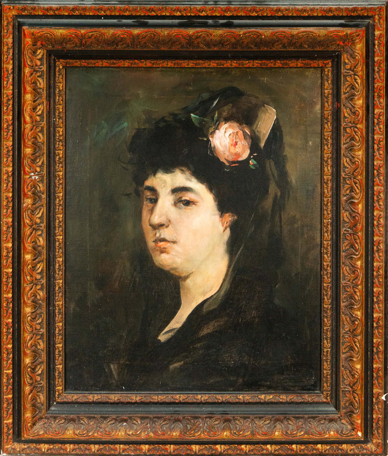 Portrait of a Lady. Painting, 19th-21st Century: Oil on canvas. Dimensions 54 x 43 cm; frame 75 x 64 cm. Half-length portrait of a woman against a dark background, wearing black clothing and a floral hair ornament. The composition focuses attention 