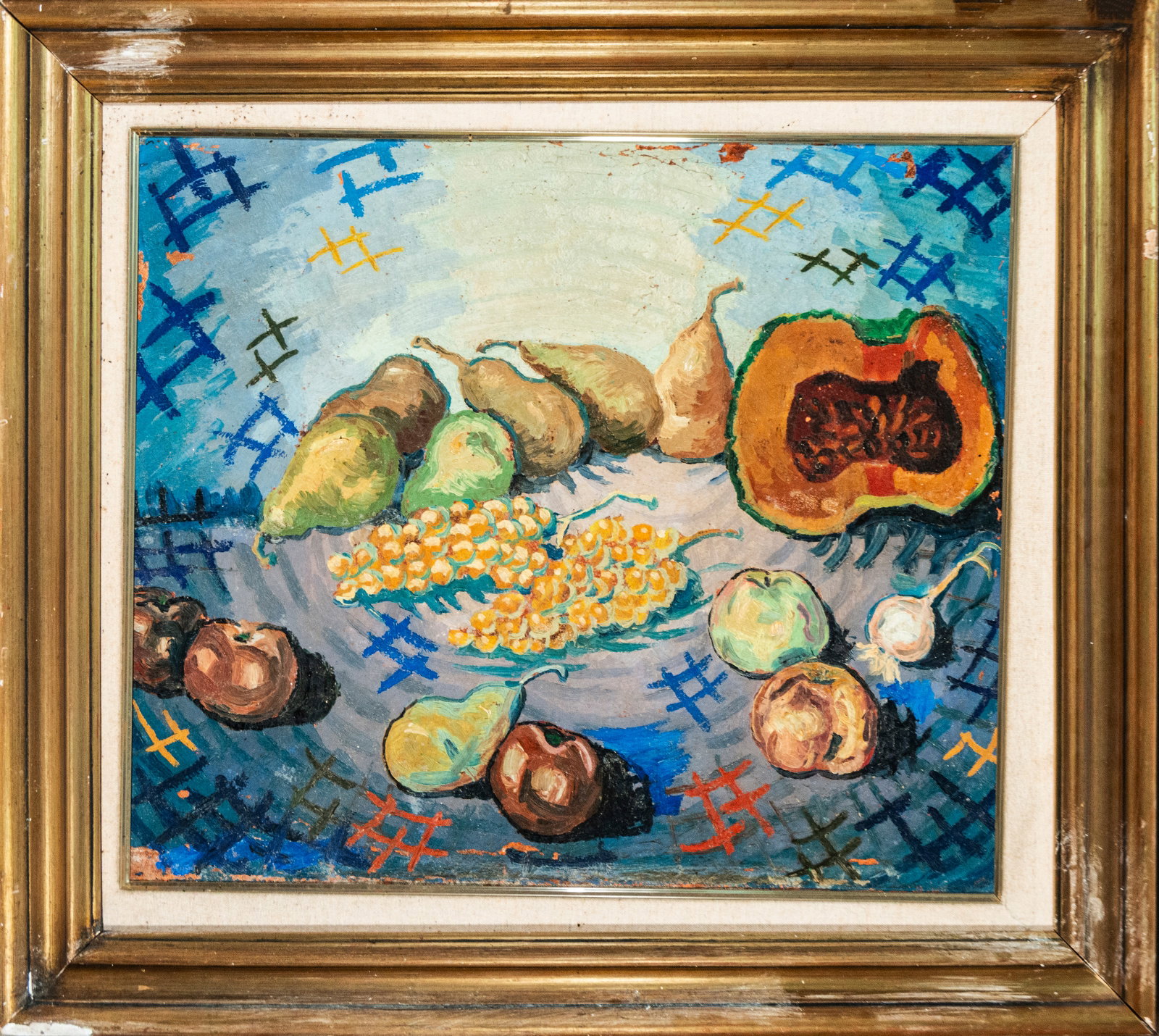 Still life with fruit and pumpkin. Painting, 19th-21st century: Oil on panel. Dimensions 74 x 64 cm; frame 83 x 73 cm. Still life with pears, grapes, apples, and pumpkin arranged on a blue background. The composition displays an expressive and colorful style, with