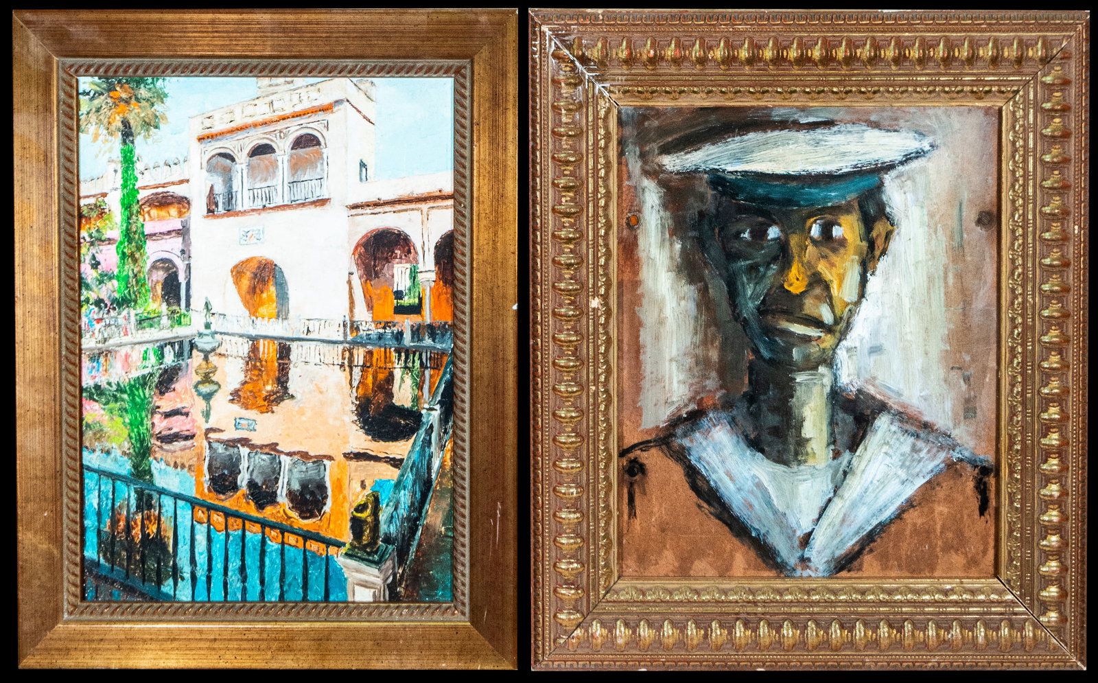 Pair of architectural views. Spanish School. 20th century: Oil on panel. Dimensions 35 x 30 cm and 38 x 33 cm. A set of two compositions dedicated to monumental architectural and landscaped spaces. One of the works depicts a courtyard with porticoed galleries