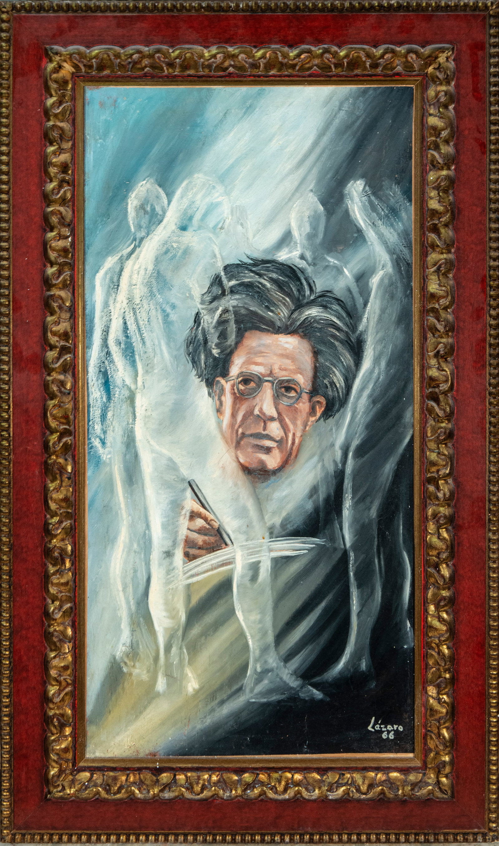 Allegorical portrait of a gentleman. Signed Lázaro. Spanish School. 20th century: Oil on canvas. Dimensions 81 x 40 cm; frame 99 x 59 cm. A unique, symbolic composition that integrates the portrait of an intellectual with ethereal figures barely sketched in the background. The figu
