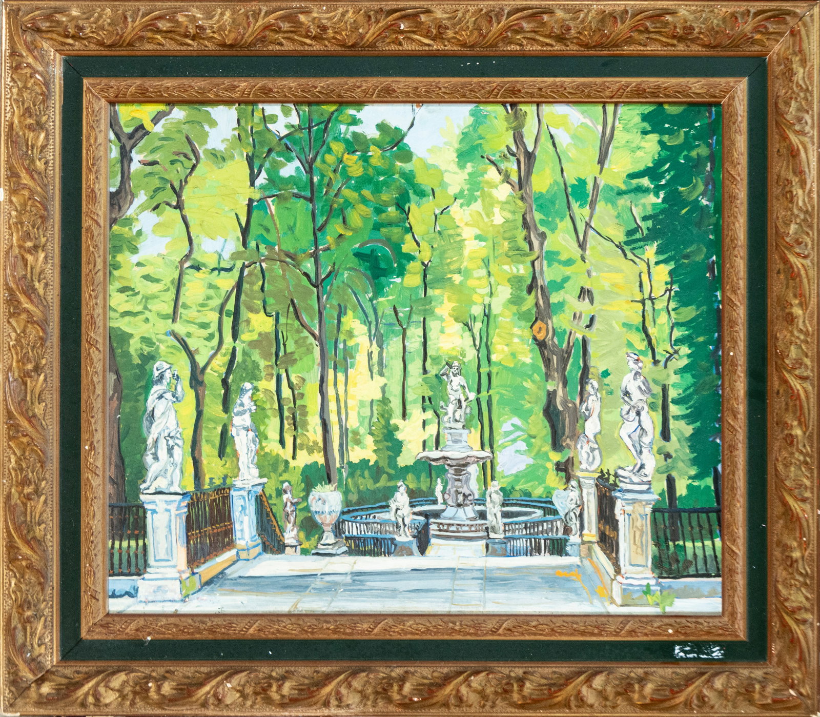 Garden with fountain and sculptures. Spanish school. 20th century: Oil on panel. Dimensions 66 x 54 cm; frame 83 x 72 cm. View of a monumental garden organized by axial perspective leading to a central fountain surrounded by classical sculptures. The lush vegetation 