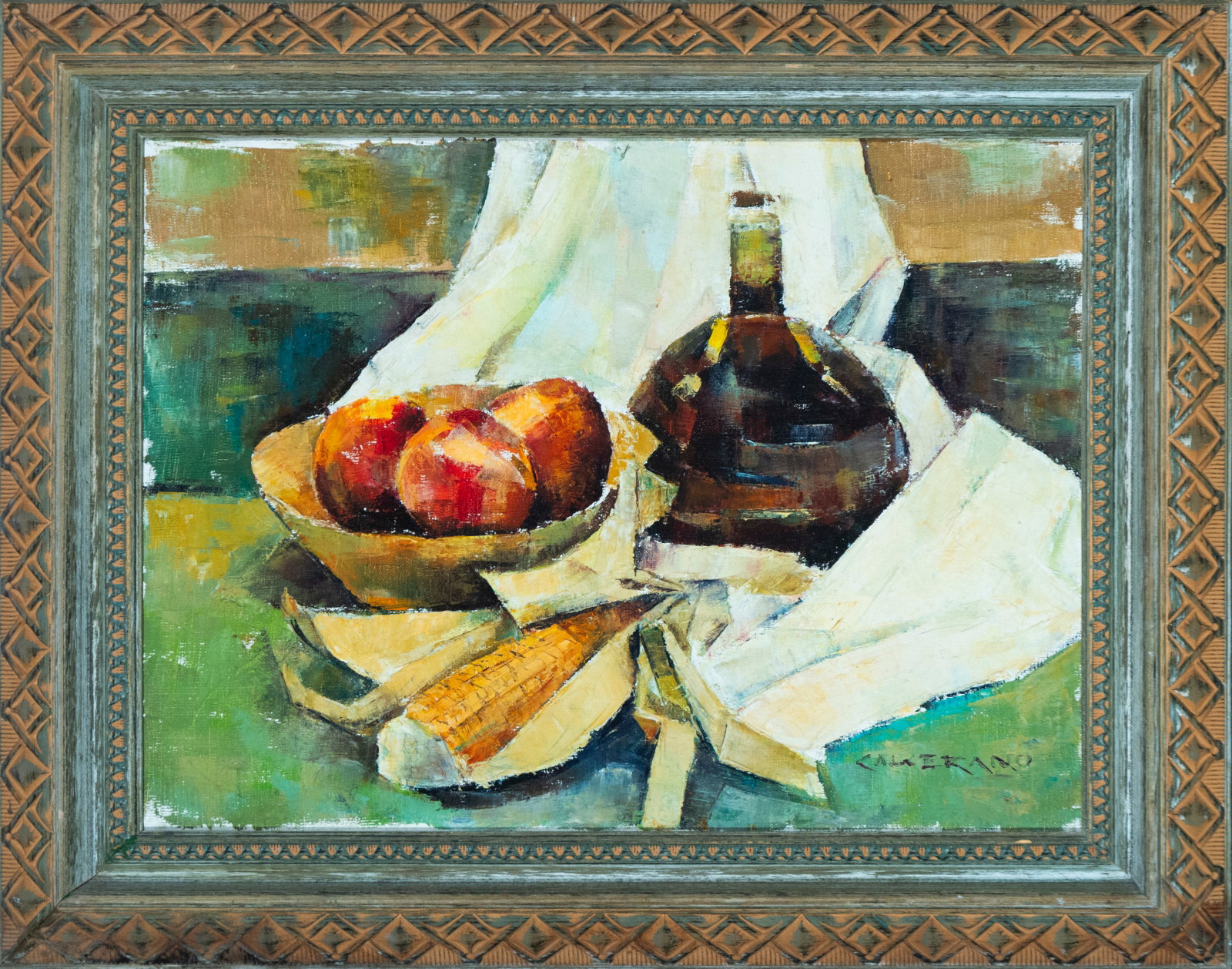 Still life with bottle, fruit, and corn. Signed Calderano. Spanish School. 20th century: Oil on canvas. Dimensions 46 x 36 cm; frame 58 x 49 cm. Still life composition with a dark glass bottle, fruit arranged in a bowl, and an ear of corn on white draped cloths. The geometric construction
