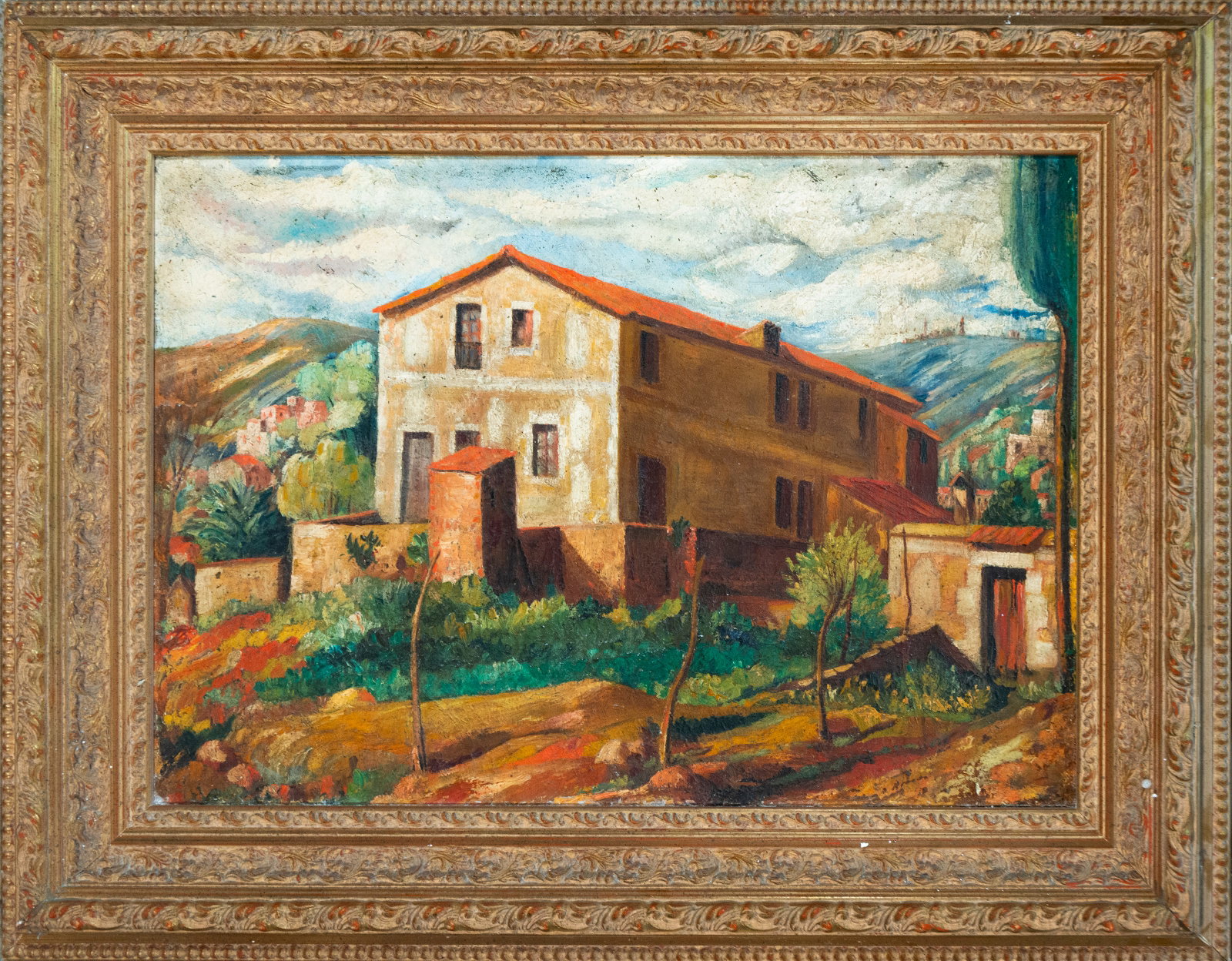 Urban landscape with a large house. Spanish school. 20th century: Oil on canvas. Dimensions 40 x 57 cm; frame 58 x 75 cm. View of a large rural or stately building situated in a mountainous setting, accompanied by vegetation and secondary buildings. The composition 