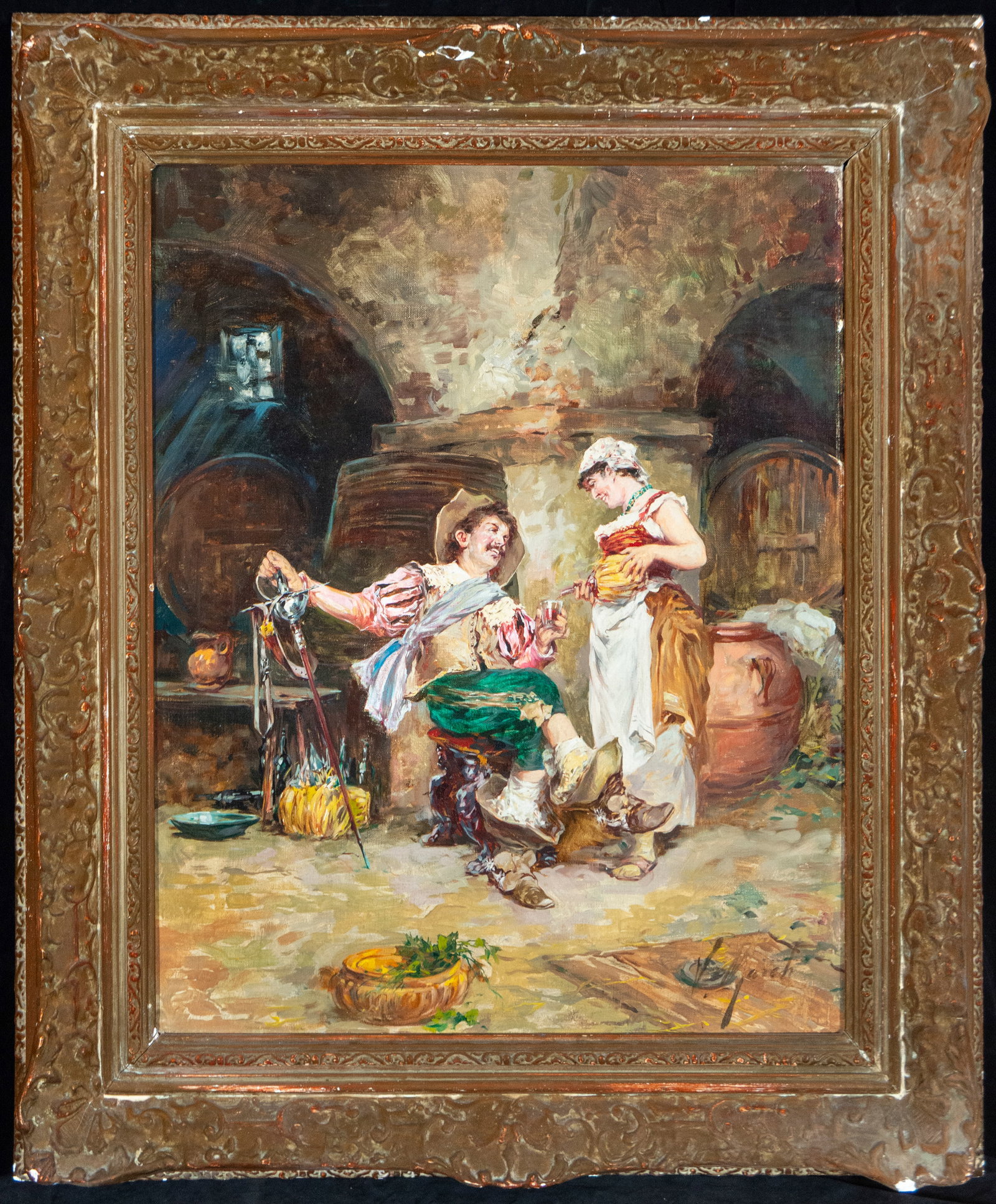 Musketeer in the Tavern - Signed - 19th Century European School: Oil on canvas. Measures 60 x 50 cm. A genre scene set inside a wine cellar, where a couple engages in a lively courtship amidst large barrels and wine containers. The composition is notable for its dy
