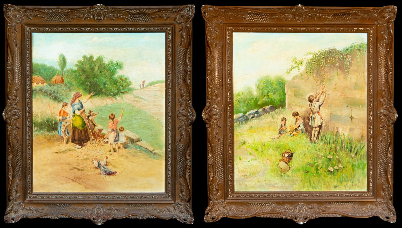 European school of costumbrismo. 19th century: Oil on canvas. Dimensions 60 x 50 cm. A pair of rural scenes featuring children and local people in a countryside setting. The compositions convey an idealized vision of everyday life through a lumino