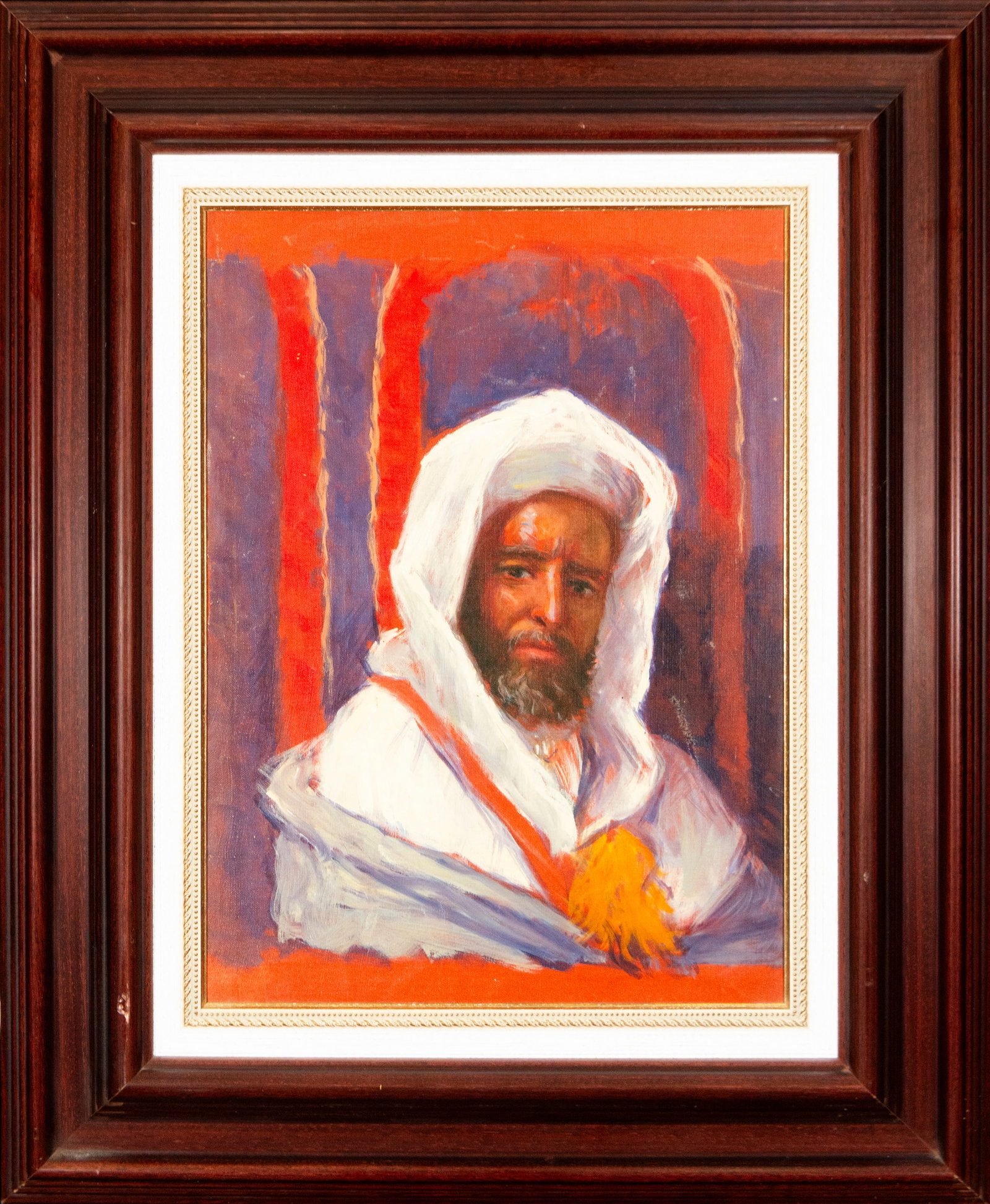 Portrait of an Arab, Signed, Spanish School, 20th Century: Oil on canvas. An Orientalist-inspired male portrait depicting a man dressed in a light tunic and a wide white turban. The figure emerges from an architectural background of intense reddish and violet