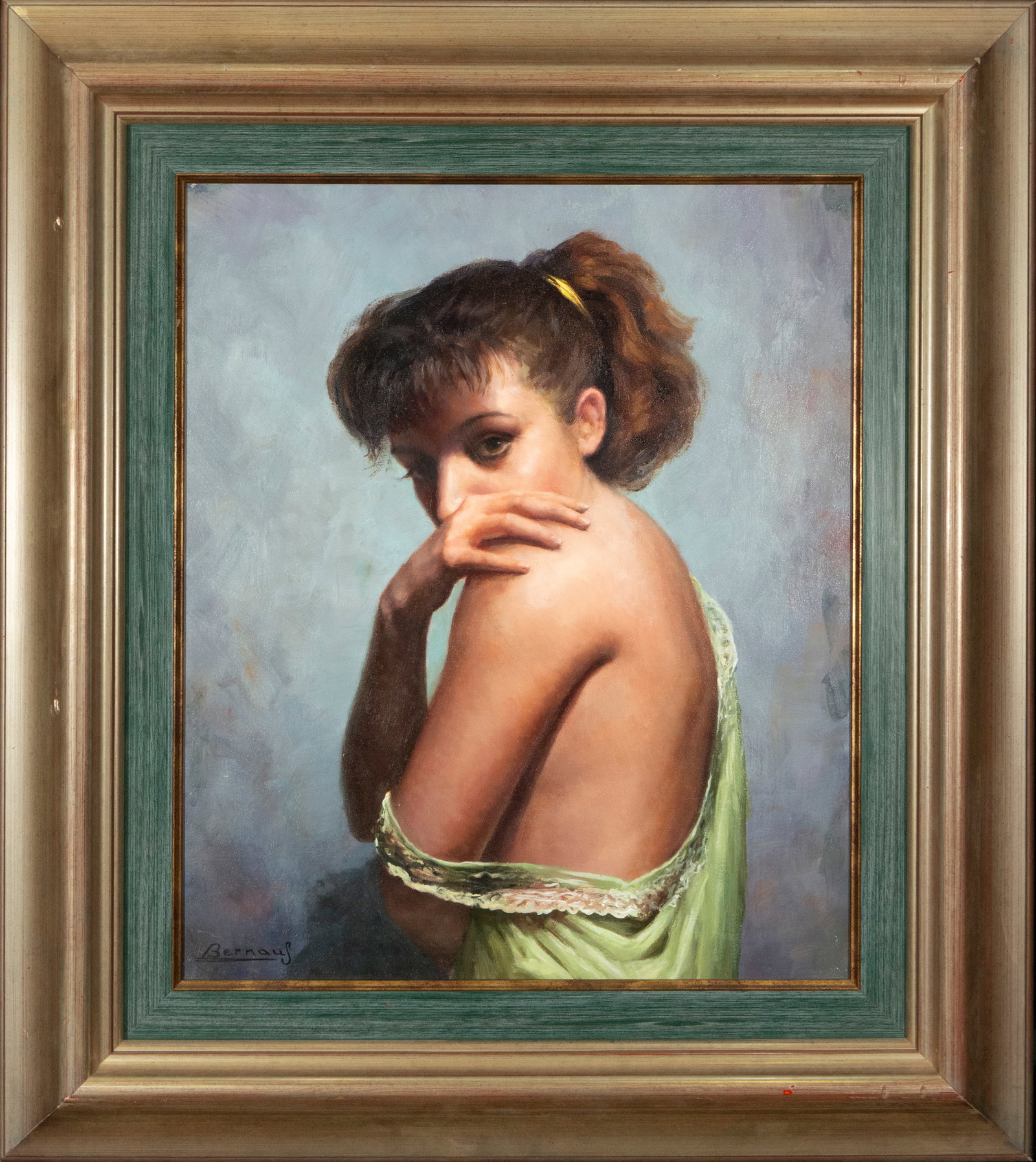 Portrait of a young lady, signed 1989, Jordi Bernaus, Catalan School, 20th century: Oil on canvas. An elegant female portrait by Jordi Bernaus, painted in 1989, depicting a young woman in a half-length portrait in an intimate and refined pose. The figure turns her torso slightly, gaz