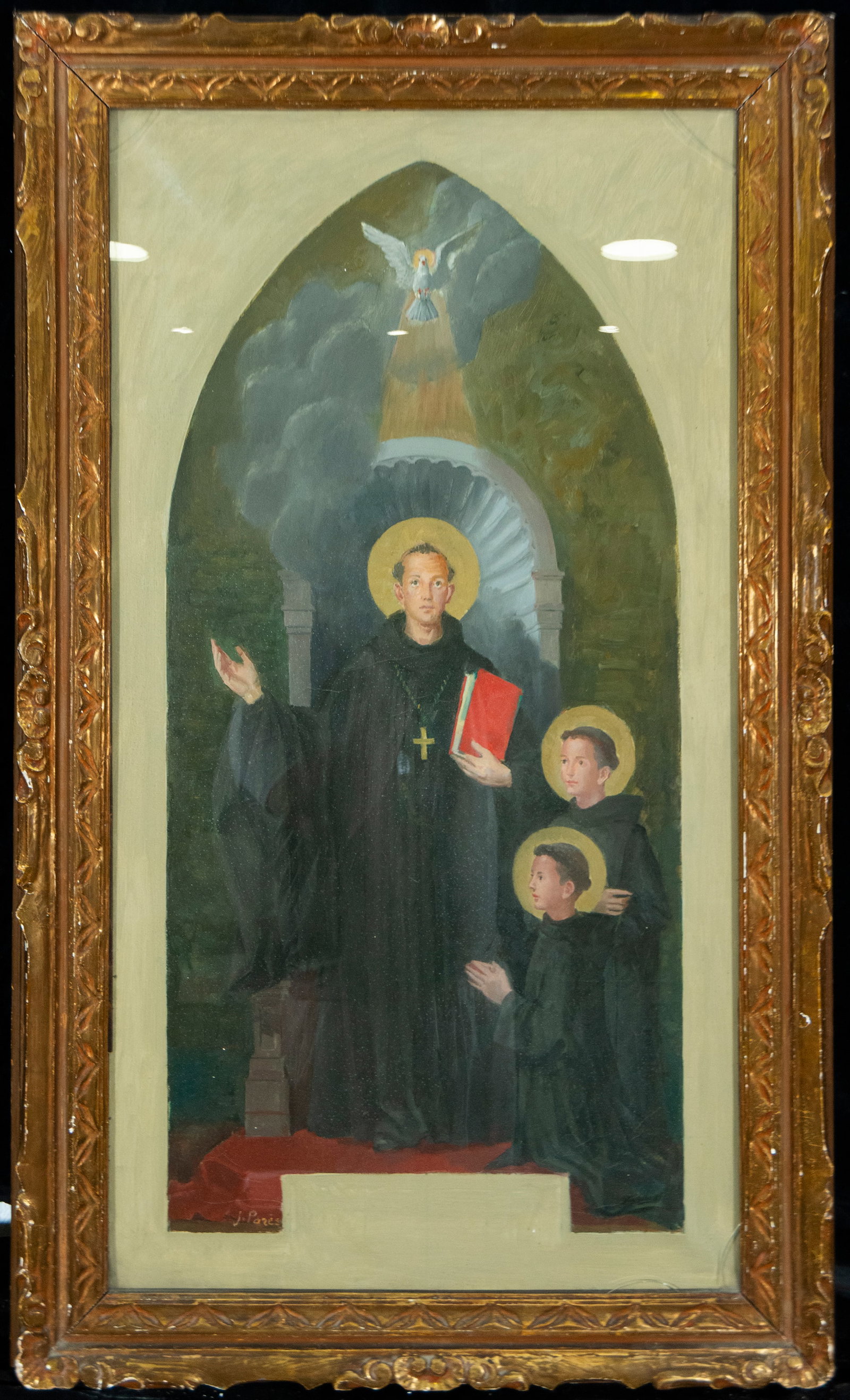 Sketch for the altar of Saint Benedict, Joan Parés, signed, Catalan School, 20th Century: Oil on canvas. Dimensions 93 x 51 cm; frame 106 x 64 cm. Preparatory sketch for the altar of Saint Benedict intended for the Piarist Fathers' church in Sabadell, dated 1950 and signed by the artist. T