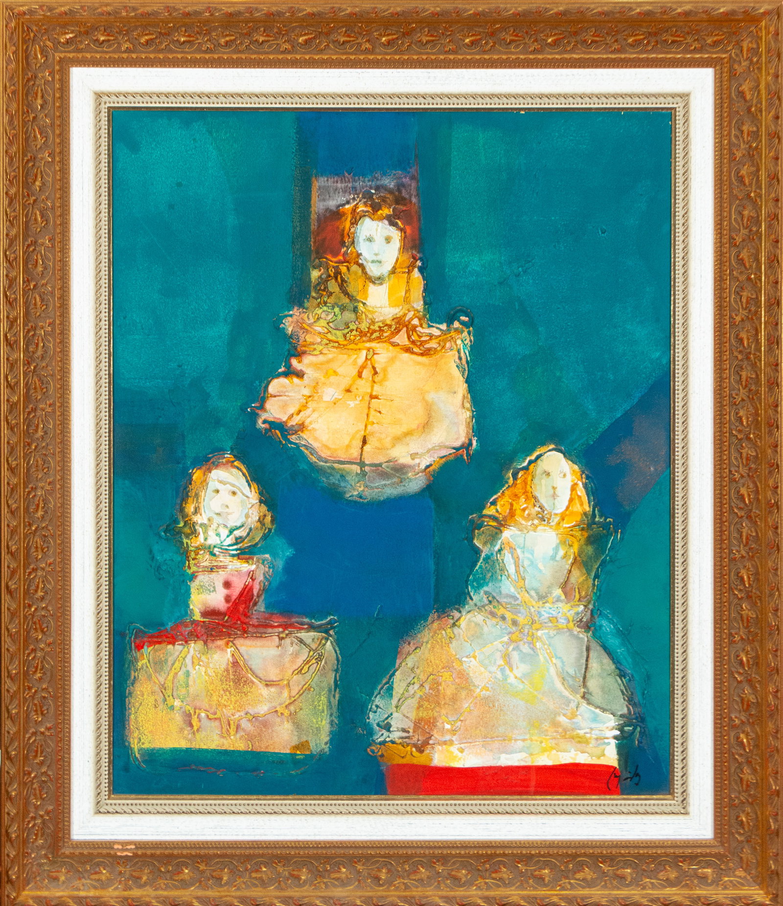 Three figures in the style of ladies-in-waiting. Signed Carlos Méndez. Contemporary Spanish: Oil on canvas. Dimensions: 61 x 50 cm. This figurative composition features three female figures inspired by the iconography of Las Meninas, rendered in a contemporary style of simplified forms and de