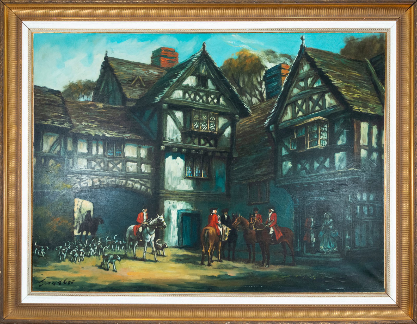 The Fox Hunt. Signed. English School. 20th Century: Oil on canvas. Dimensions 98 x 131 cm. Hunting scene set in front of a group of Tudor-style buildings, with riders in red coats, horses, and a pack of dogs ready for the hunt. The composition captures