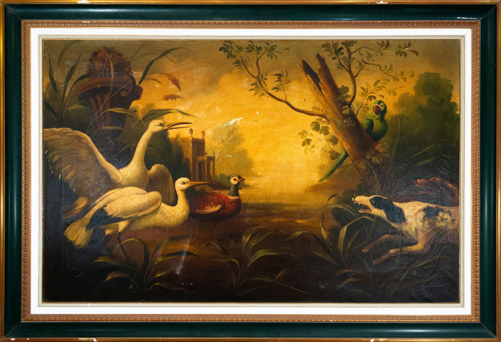 Hunting scene with dogs and waterfowl. European school. 19th century: Oil on canvas. Dimensions 91 x 140 cm. Hunting scene set in a romantic landscape with waterfowl, a hunting dog, and abundant vegetation. The composition combines decorative and naturalistic elements t