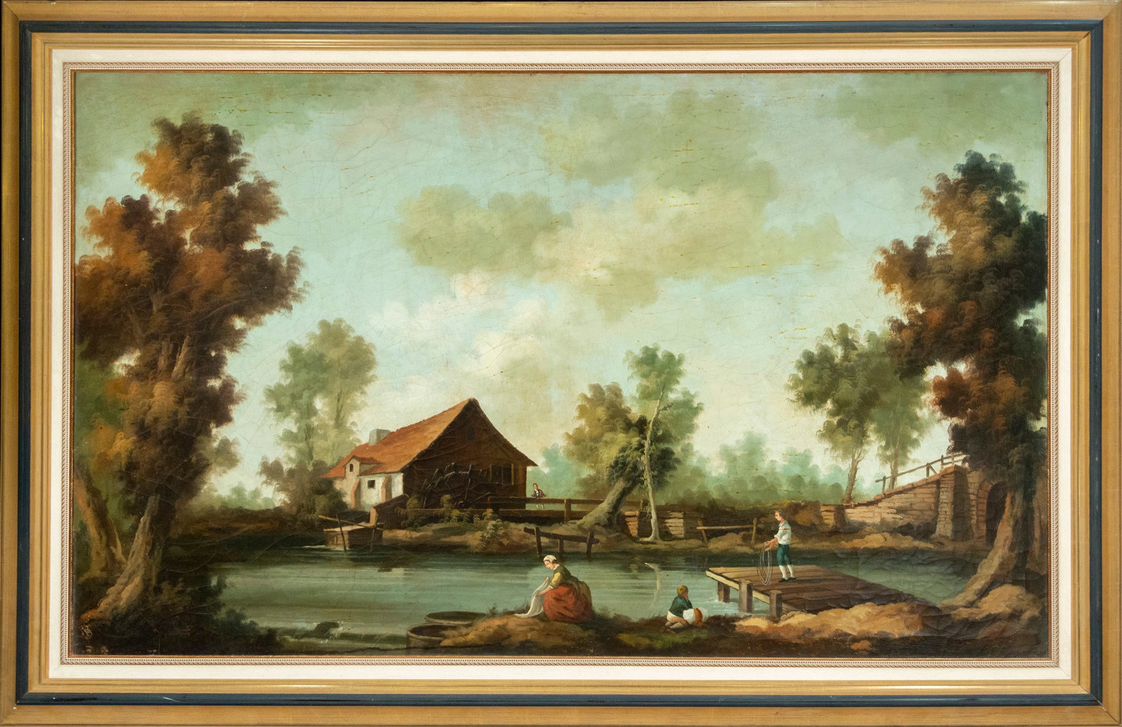 Central European landscape with a windmill. Central European school. 20th century: Oil on canvas. Dimensions 101 x 162 cm. Rural view with a mill beside a watercourse, local figures, and groves that frame the composition. The work depicts a tranquil scene of Central European inspira