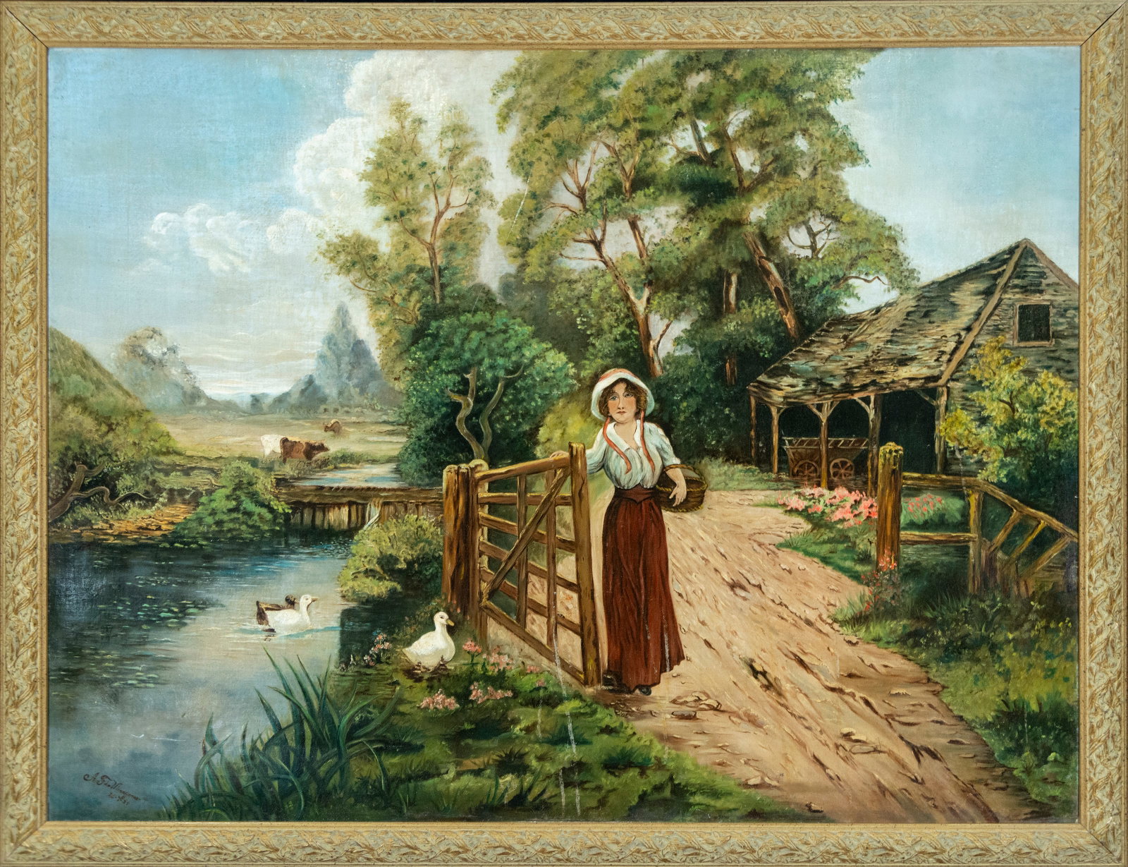 Central European landscape with figure. Signed and dated. Central European school. 20th century: Oil on canvas. Measures 99 x 129 cm. Rural scene with a female figure next to a country house and a pond inhabited by birds. The composition combines traditional architecture, abundant vegetation, and