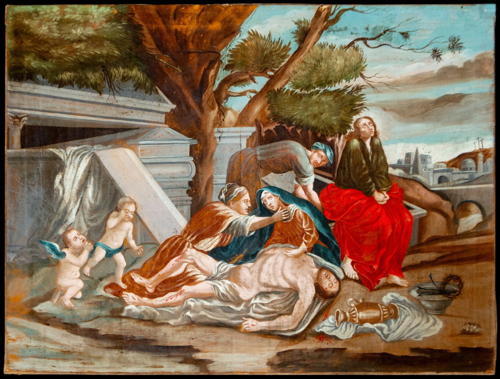 Lamentation over the Dead Christ. Spanish School. Late 18th - early 19th century: Oil on canvas. Dimensions 89 x 67 cm. A devotional scene centered on the recumbent body of Christ after the Descent from the Cross, accompanied by the Virgin Mary and the holy women in an atmosphere o