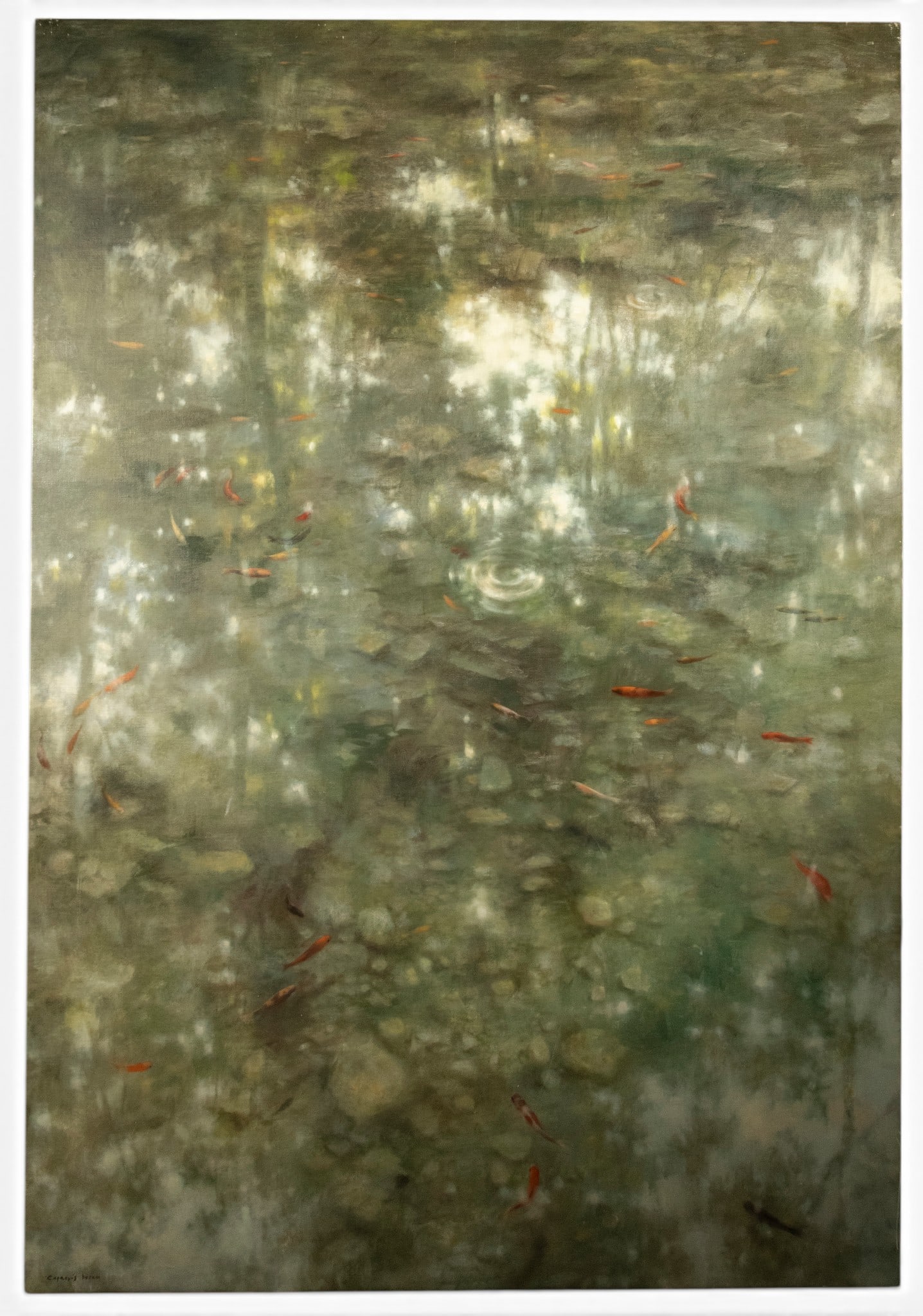 MARCO CAPARRÓS DUR?N (1965) - Untitled (Aquatic background with fish): Oil on canvas mounted on a wooden panel. Signed in the lower left corner. Dimensions: 177 × 121 cm.