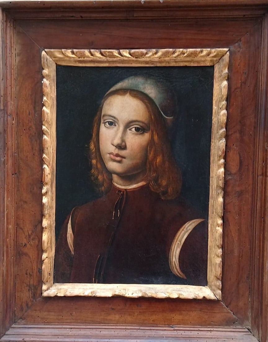 FOLLOWER OF PIETRO PERUGINO - Portrait of a boy, 19th century: Oil on panel. Dimensions: 28 x 40 cm. This work is a high-quality early copy based on one of Pietro Perugino's most celebrated portraits, currently housed in the Uffizi Gallery in Florence. Perugino, 