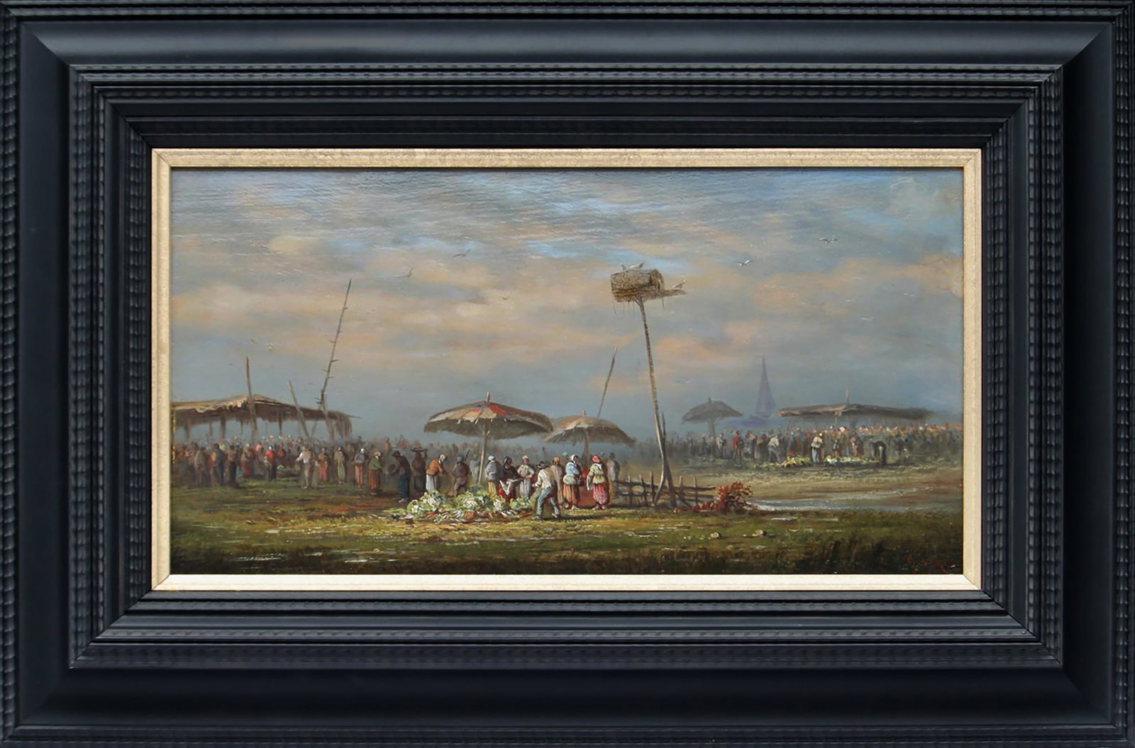 19th Century Flemish School - The Dovecote Market: Oil on panel. Dimensions: 22 x 41 cm. Dimensions with frame: 39 x 58 cm. This work depicts a lively market scene set in a broad Flemish landscape, centered around a tall dovecote that dominates the co