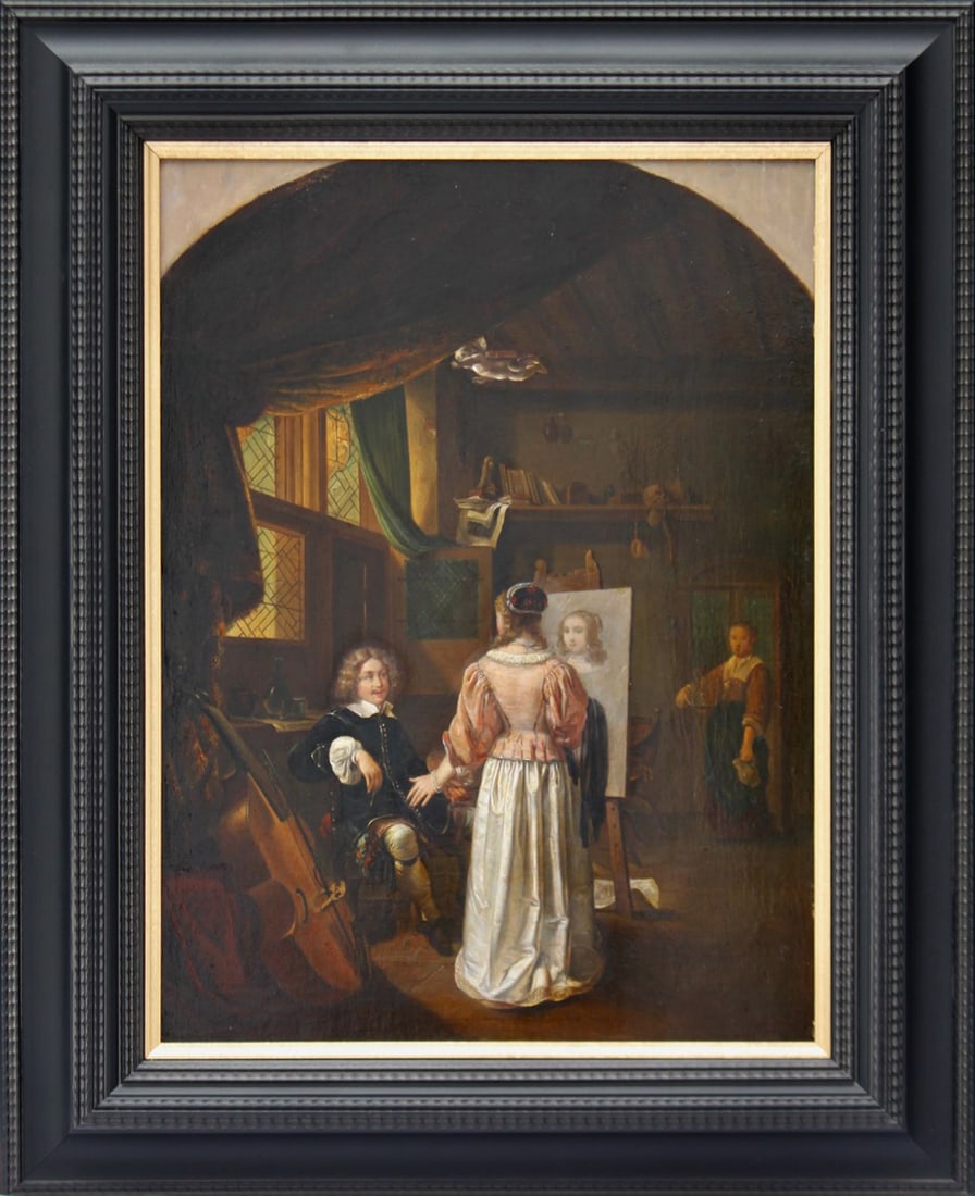DUTCH SCHOOL OF THE 19TH CENTURY, ACCORDING TO FRANS VAN MIERIS THE ELDER (Leiden, 1635 – Leiden,: Oil on two oak panels, unstrung. Dimensions: 50 x 38 cm. Dimensions with frame: 67 x 63.5 cm. This work is a 19th-century interpretation of a composition by Frans van Mieris the Elder, one of the most